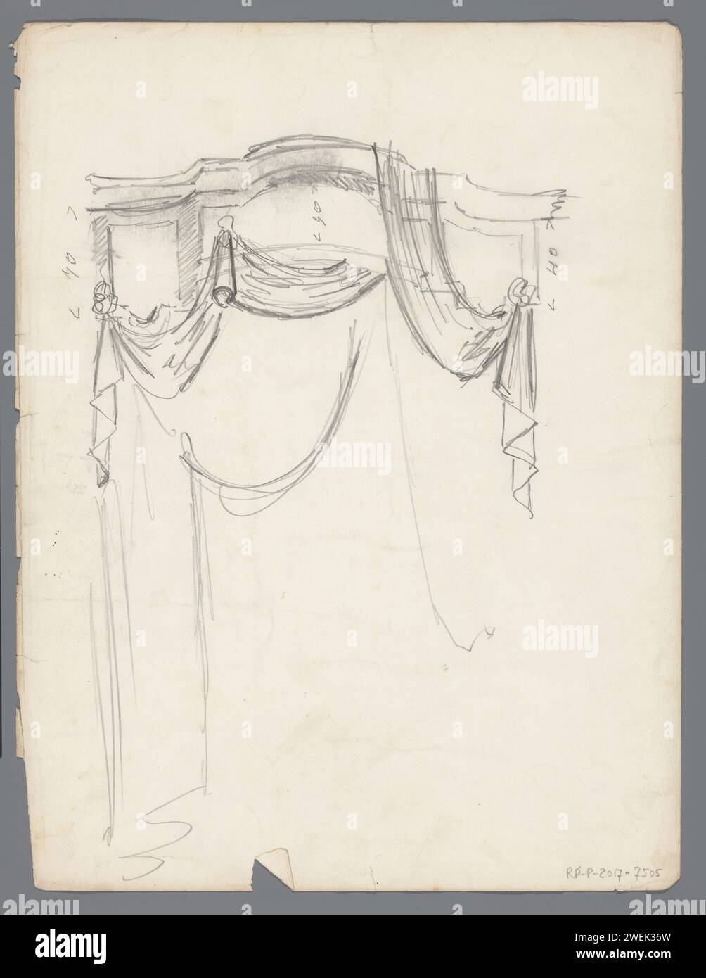 Rideaux drapés, anonyme, c. 1886 - c. 1899 dessin cadre avec rideaux drapés. Les tailles de longueur sont indiquées en haut. papier. tentures de crayons et draperies Banque D'Images