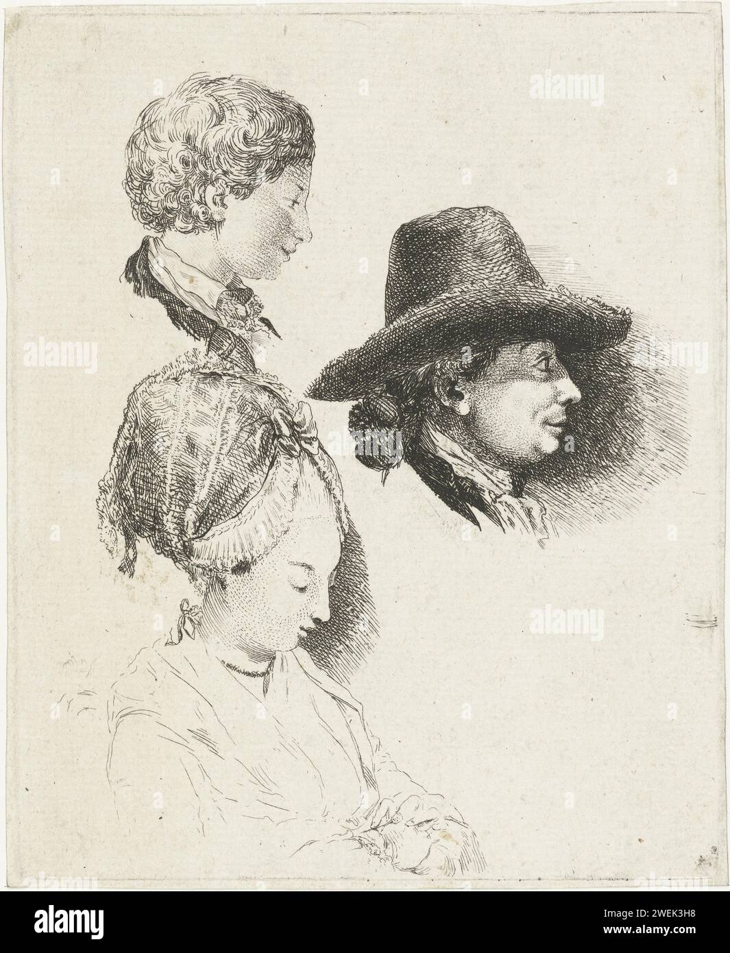 Feuille d'étude avec des portraits de Louis Bernard Coclers et de sa famille, Louis Bernard Coclers, tirage 1780 Portrait buste de Louis Bernard Coclers avec chapeau noir à droite. Buste portrait de son fils, en haut à gauche, et de sa nièce. papier gravure de l'artiste et sa famille, parents, etc (+ portrait, autoportrait de l'artiste) Banque D'Images