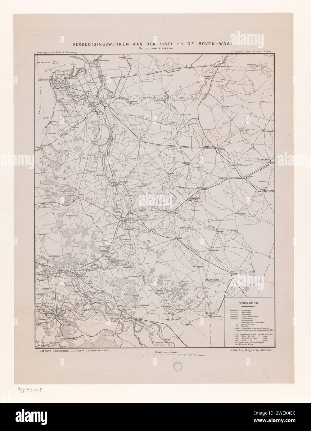 Carte avec les défenses sur l'IJssel et de Waal, Adriaan Jan Bogaerts, d'après M. van Meurs, d'après Maria Hermana Johanna de Boer-Plantenga, 1882 cartes papier de différents pays ou régions. rivière. Digues, levee Gelderland. IJssel. Waal Banque D'Images