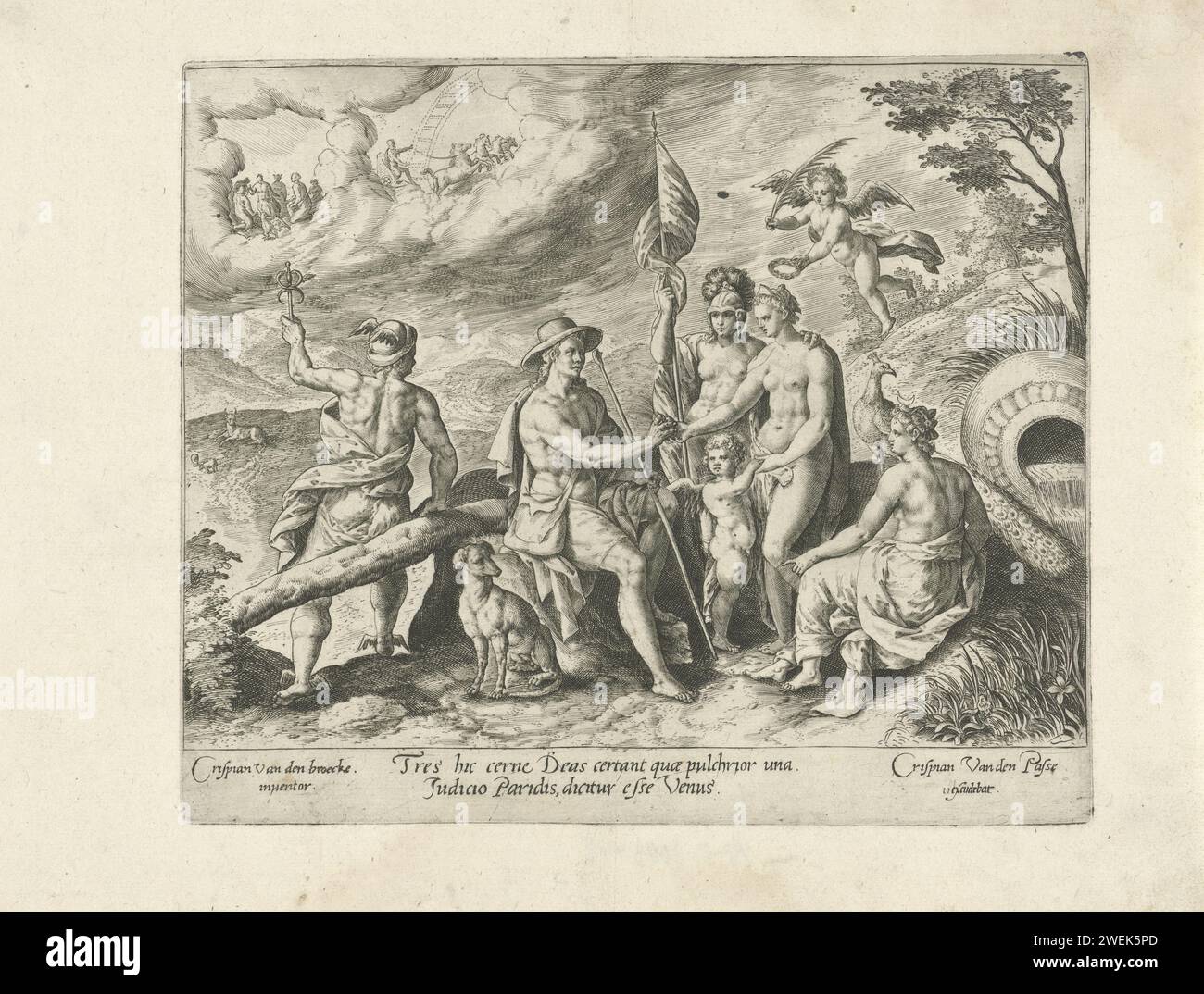 Arrêt de Paris, Crispijn van de passe (I), d'après Chrispijn van den Broeck, 1580 - 1588 imprimer Paysage avec l'arrêt de Paris. Paris doit juger les trois plus belles déesses de l'Olympe sur leur beauté : Juno (avec le paon), Vénus (avec amor) et Minerve (avec casque). Paris donne la pomme d'or d'Eris à Vénus. Mercure regarde le paradis où les dieux se sont rassemblés. Dans la marge, une légende bidirectionnelle en latin. Gravure sur papier du jugement de Paris (Mercure présent). assemblées des dieux dans les airs, peut-être sur les nuages Banque D'Images