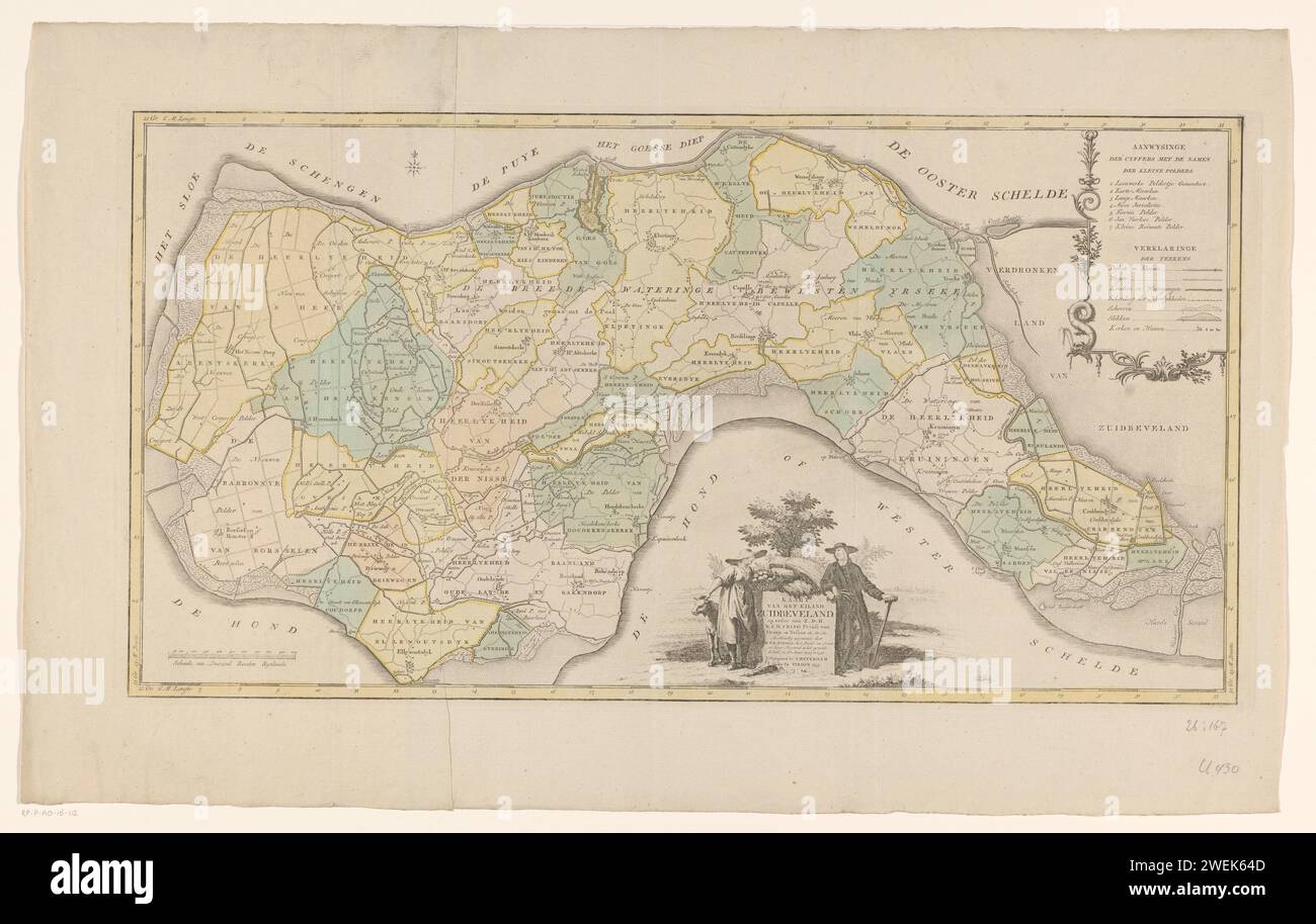 Carte de l'île de Beveland du Sud, Anonyme, 1753 - 1760 imprimer en bas à gauche un bol : échelle de Duisend Roden Rynands. En bas du centre le cartouche de titre avec deux agriculteurs et des objets qui se réfèrent à l'agriculture. En haut à droite un cartouche avec la légende. Distribution des degrés le long des bords. cartes de gravure / gravure sur papier de pays ou de régions distincts. agriculteurs. agriculture South Beveland Banque D'Images