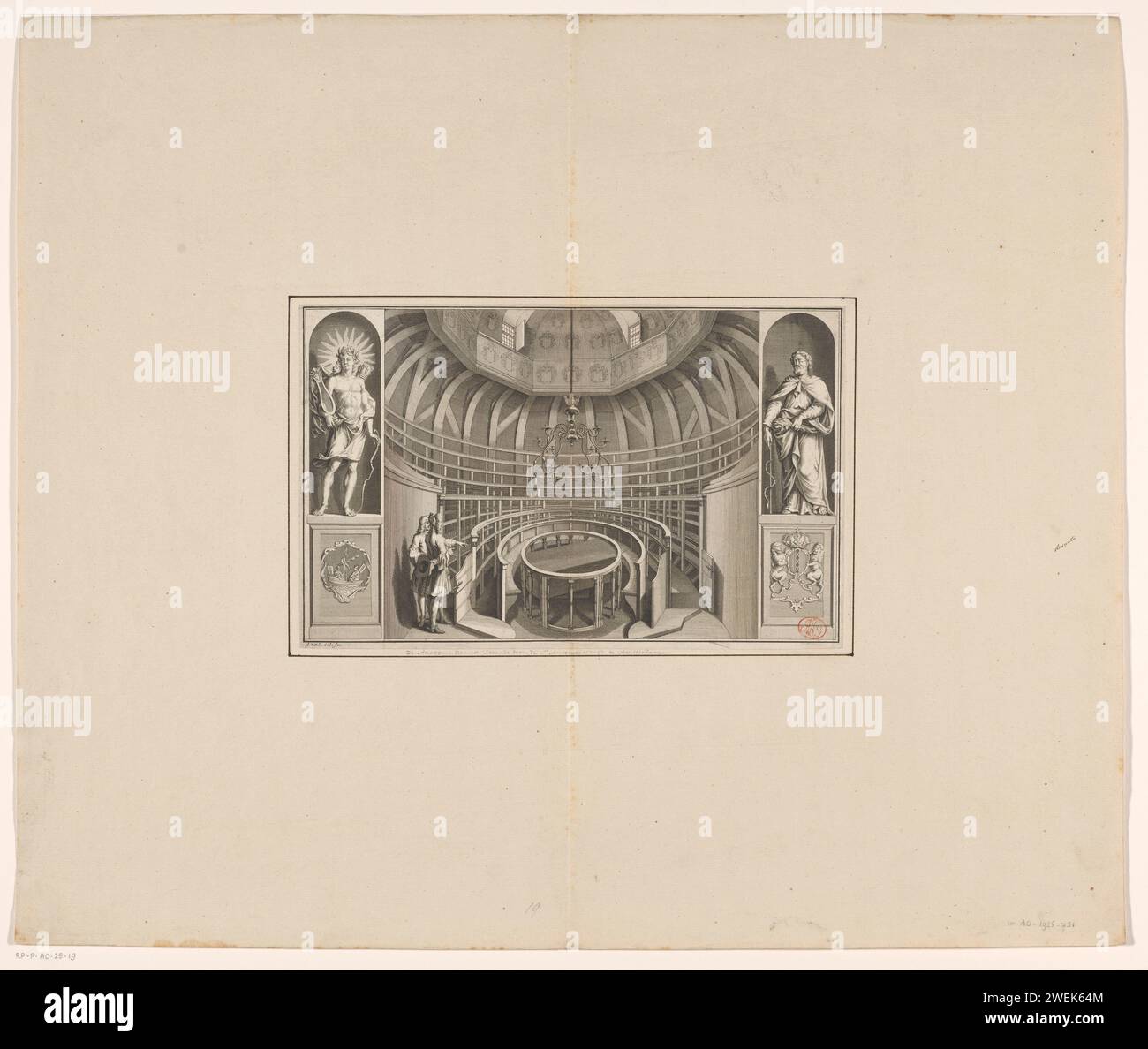 Intérieur du Theatrum Anatomicum à de Waag sur le Nieuwmarkt à Amsterdam, Adolf van der Laan, Adolf van der Laan, 1716 - 1742 print intérieur du Theatrum Anatomic Theater à de Waag sur le Nieuwmarkt (Sint-Antonieswaag) à Amsterdam. À gauche, une image d'Apollon avec le sceau de la ville en dessous. À droite, une image d'Esculapius avec les armoiries en dessous. Deux figures d'homme dans la pièce. salle de dissection gravure/gravure sur papier, théâtre anatomique. Aesculapius, patron de la médecine. Apollo docteur Theatrum Anatomicum (Amsterdam). Waag sur le Nieuwmarkt Banque D'Images