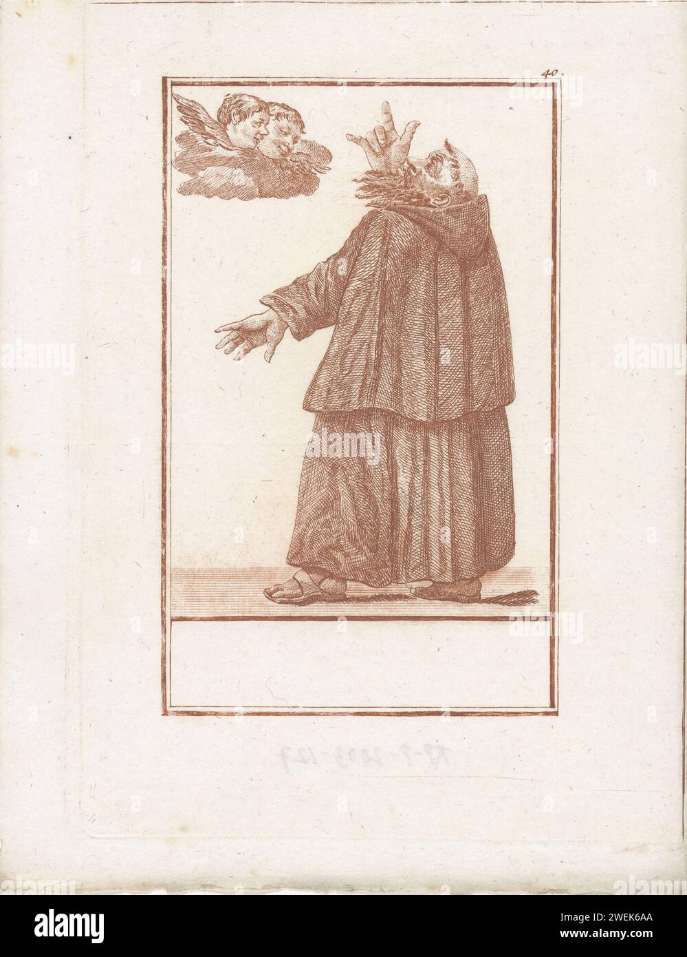 Monnik et deux Chérubins, Jacob Gole (attribué à), d'après Cornelis Dusart, 1724 estampes moine avec barbe. Sa main droite a été levée pour deux chérubins en haut à gauche d'un nuage. L'estampe fait partie d'une série de 50 parties sur le sujet des abus du clergé catholique. gravure de papier moine(s), frère(s). (Aspects de) la religion chrétienne ou l'Église (en tant qu'institution) ridiculisée, critiquée ou caricaturisée. chérubins, c'est-à-dire têtes d'enfants avec ailes Banque D'Images