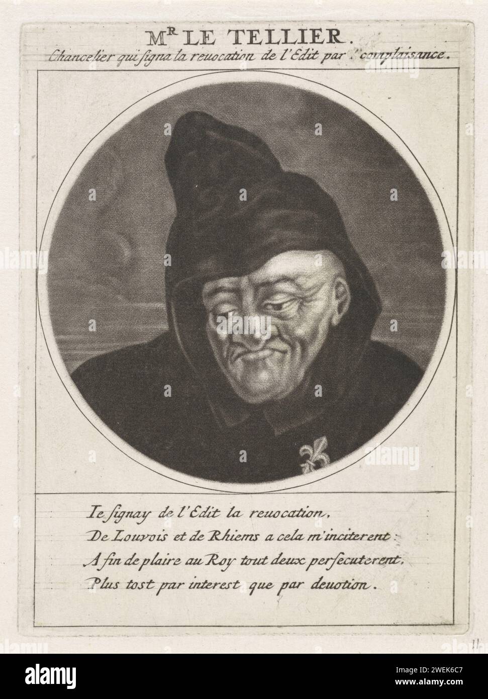 Portret Van Michel le Tellier, Jacob Gole, d'après Cornelis Dusart, 1691 estampe Michel le Tellier, marquis de Barbezieux et chancelier de France. Il porte le lys français. L'estampe fait partie d'une série de dessins animés sur Louis XIV et son entourage. gravure sur papier de caricatures politiques et satires Banque D'Images