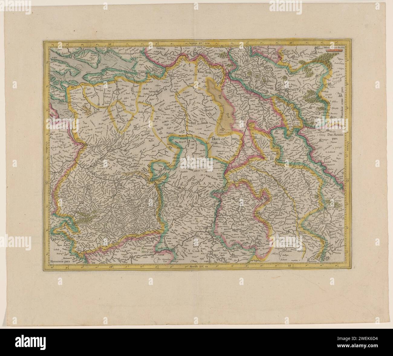 Carte du duc Dommen Brabant, Gulik et Kleef, Gerardus Mercator, 1628 imprimer carte du duché de Brabant, Gulik et Kleef. Sans titre dans la carte. La carte est équipée d'une distribution de degrés le long des bords. Avec texte français sur verso. Gravure sur papier / impression typographique cartes de différents pays ou régions Brabant. Gulik. Adhésif Banque D'Images