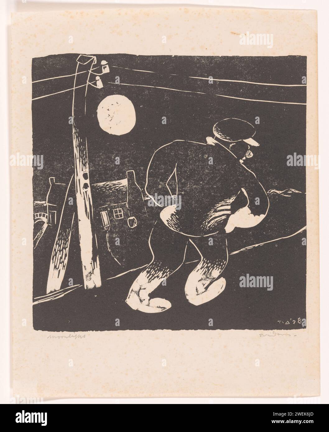 Clair de lune, Tinus van Doorn, 1928 imprimer Figure arrière au clair de lune, avec une maison à gauche et un poteau télégraphique, dans des contours blancs sur une crosse noire. papier. encre d'impression clair de lune Banque D'Images