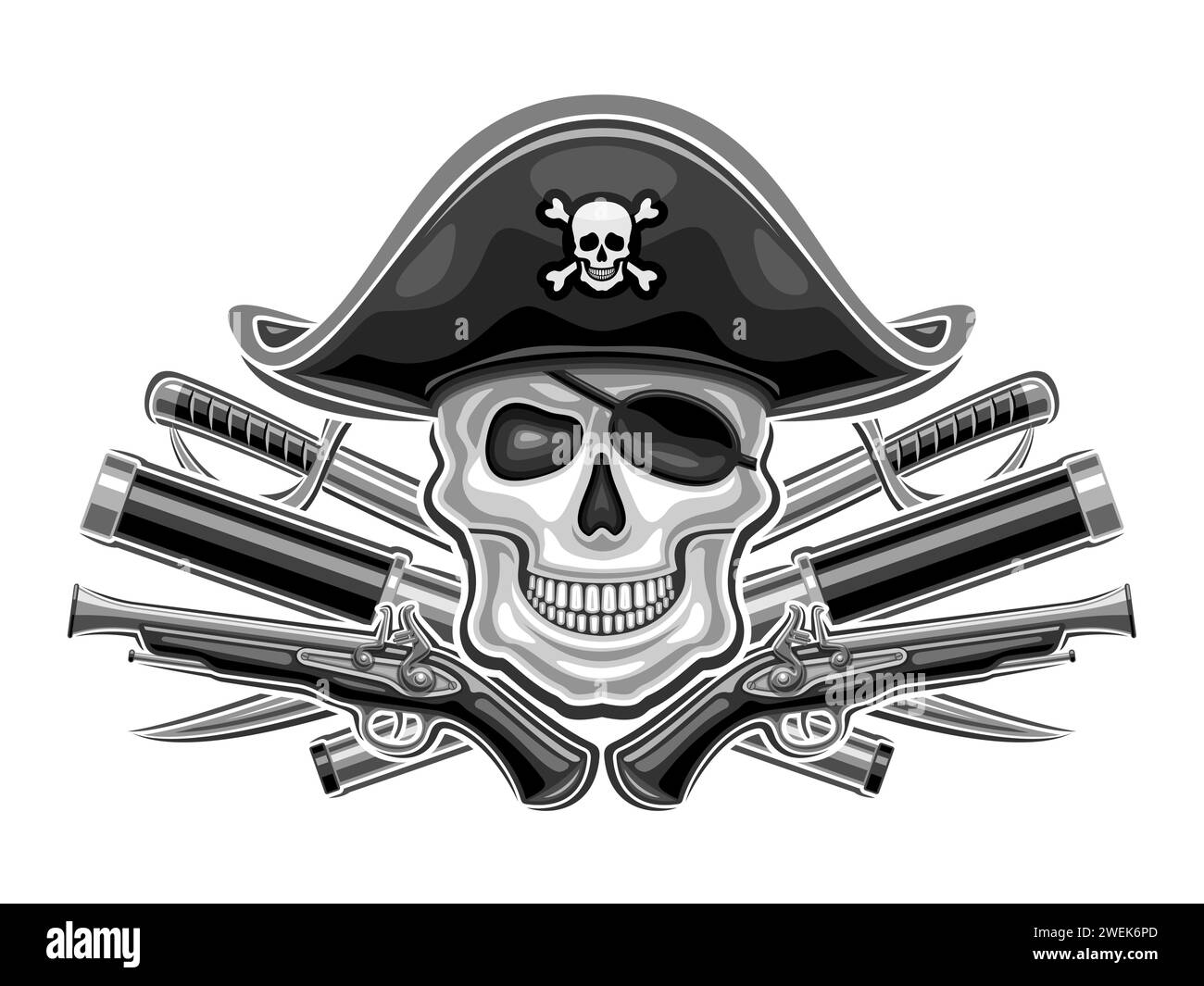 Logo vectoriel pour Pirate Skull, affiche horizontale avec illustration de crâne dans le vieux chapeau de mer et armes de pirate croisées noires, signe décoratif avec art d Illustration de Vecteur
