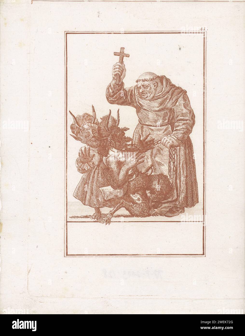 Monnik menace deux démons, Jacob Gole (attribué à), après Cornelis Dusart, 1724 imprimer Un grand moine avec un crucifix en main. Il menace deux personnages semblables au diable à ses pieds avec la croix. Il mit un des démons sur une chaîne. L'estampe fait partie d'une série de 50 parties sur le sujet des abus du clergé catholique. gravure de papier moine(s), frère(s). (Aspects de) la religion chrétienne ou l'Église (en tant qu'institution) ridiculisée, critiquée ou caricaturisée. diables sous une forme autre que humaine ou animale. autarcross, crucifix (+ diable(s)). graisse (type humain) Banque D'Images