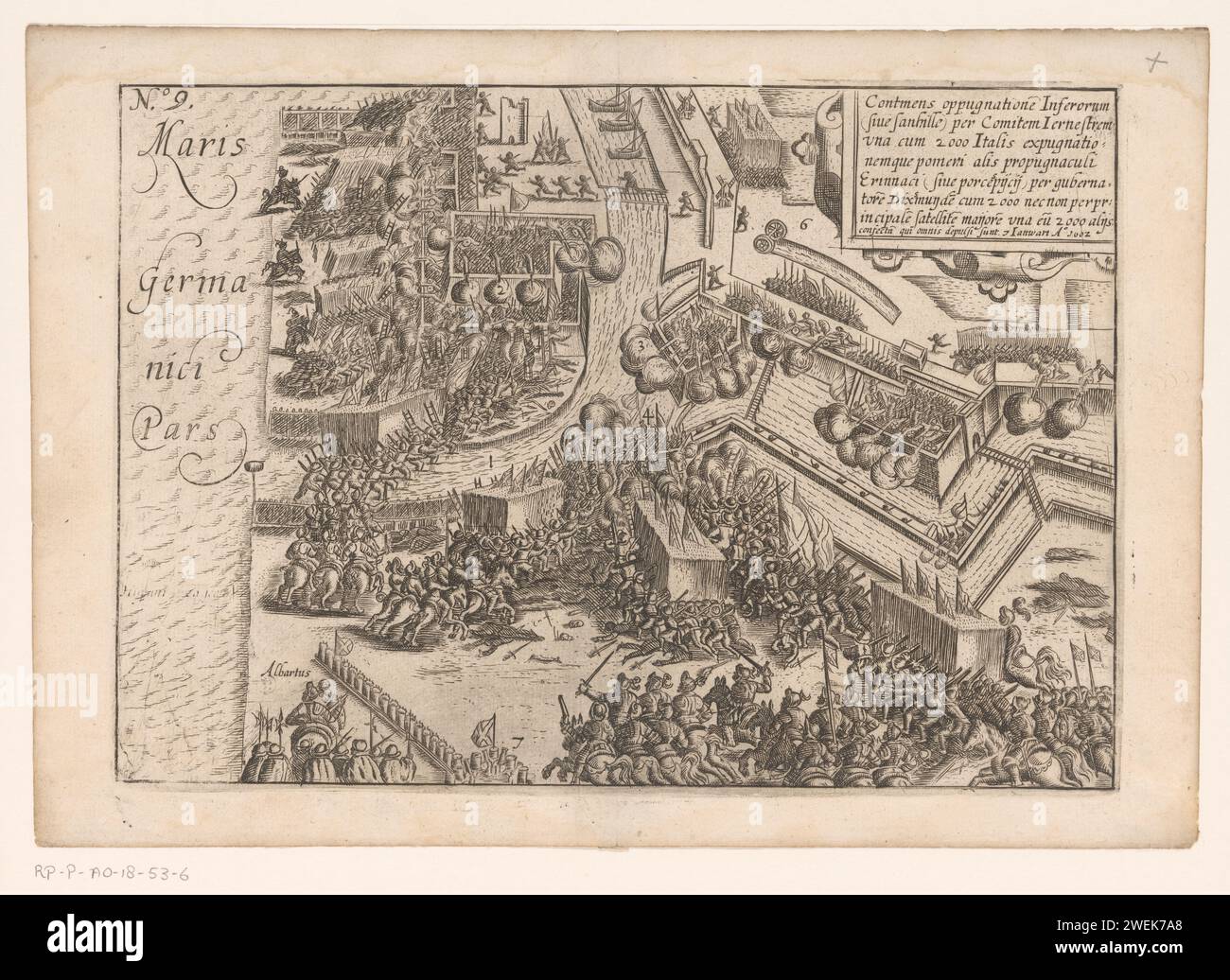 Siège d'Ostende : prise d'assaut de la forteresse le 7 janvier 1602, anonyme, 1615 imprimer prise lourde des défenses d'Ostende par les troupes espagnoles sous Albrecht, le 7 janvier 1602. En haut à droite un cartouche avec inscription en latin. En haut à gauche : 9. gravure sur papier / gravure siège, position guerre. Bataille (+ forces terrestres) Ostende Banque D'Images