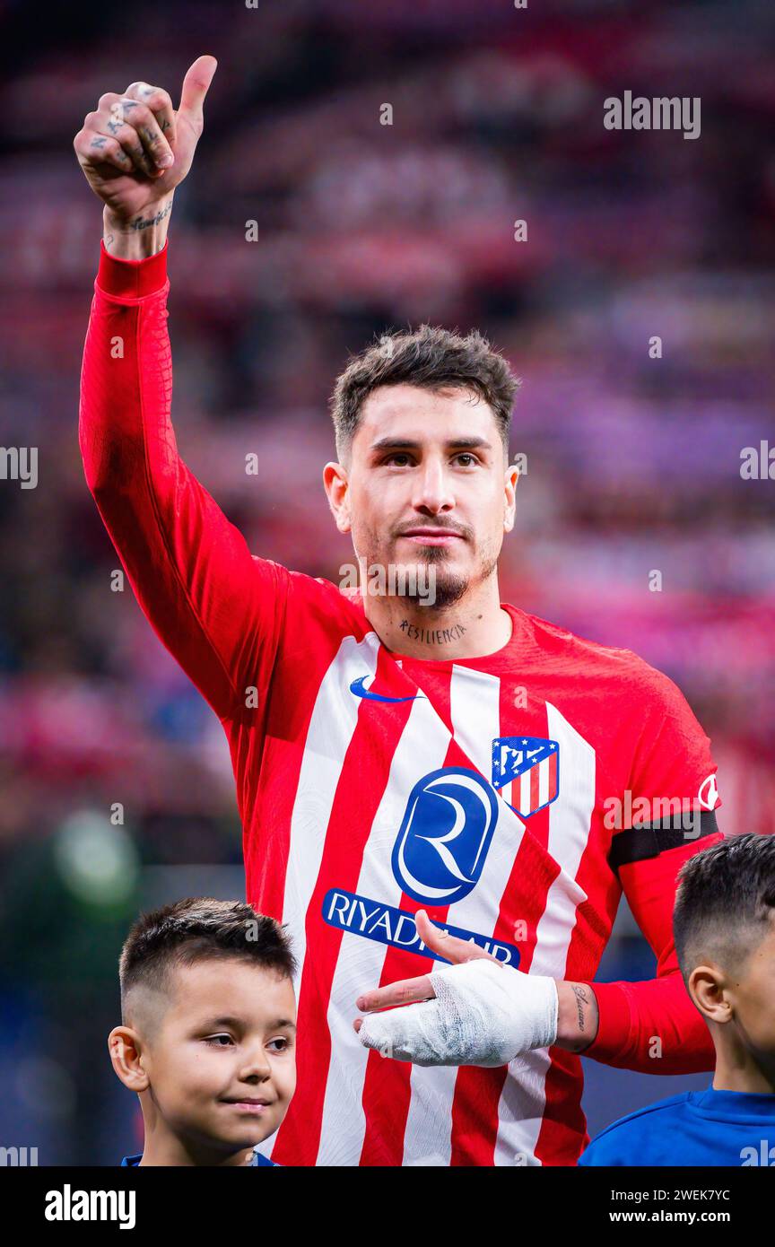 Madrid, Espagne. 25 janvier 2024. Jose Gimenez de l'Atletico Madrid vu avant le match de football valable pour les quarts de finale du tournoi Copa del Rey entre l'Atletico Madrid et Séville joué à l'Estadio Metropolitano. Atletico Madrid 1 : 0 Sevilla crédit : SOPA Images Limited/Alamy Live News Banque D'Images