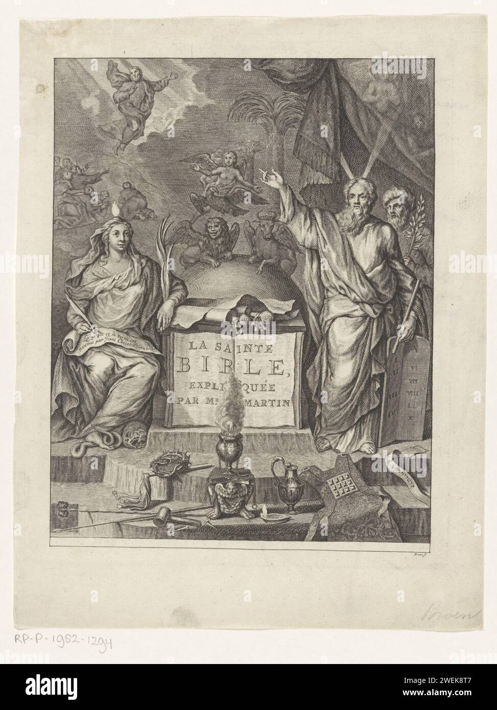 Représentation allégorique avec foi et Moïse, 1722 imprimer la personnification de la foi avec une branche de palmier, une flamme sur la tête et un serpent tente à gauche d'un livre ouvert avec titre. Sur la droite se trouve Moïse avec la salle à manger en pierre. Au premier plan un vaisseau fumant et les malades. Laissé en arrière-plan l'Ascension du Christ. Gravure sur papier Fides (foi) comme personnification romaine. Moïse (pas dans le contexte biblique) ; attributs possibles : rayons de lumière ou cornes sur sa tête, tige, tables de la Loi. L'Ascension (Christ entouré de lumière rayonnante ou dans une mandorla) Banque D'Images