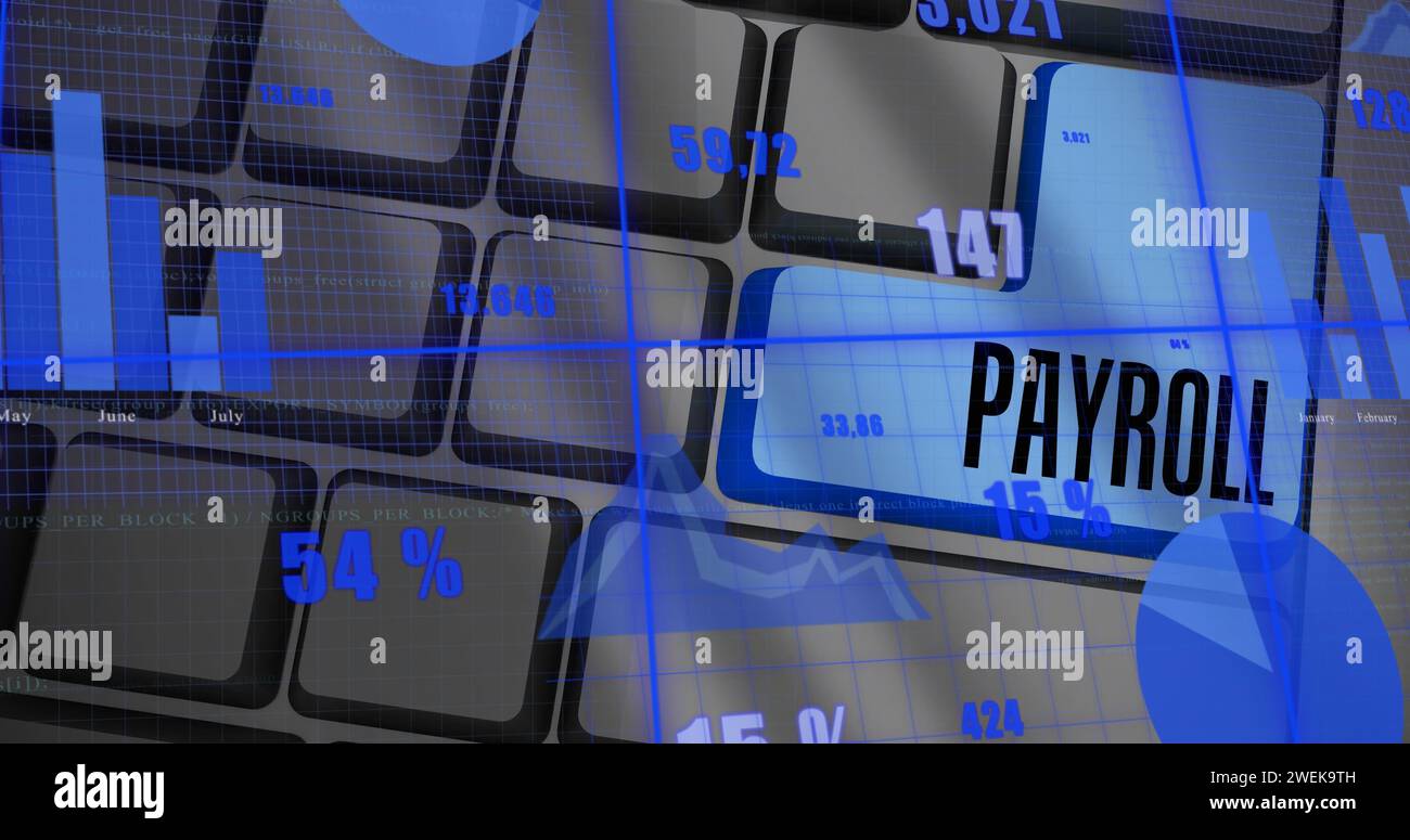 Image du traitement des données financières sur le texte de paie sur le clavier Banque D'Images