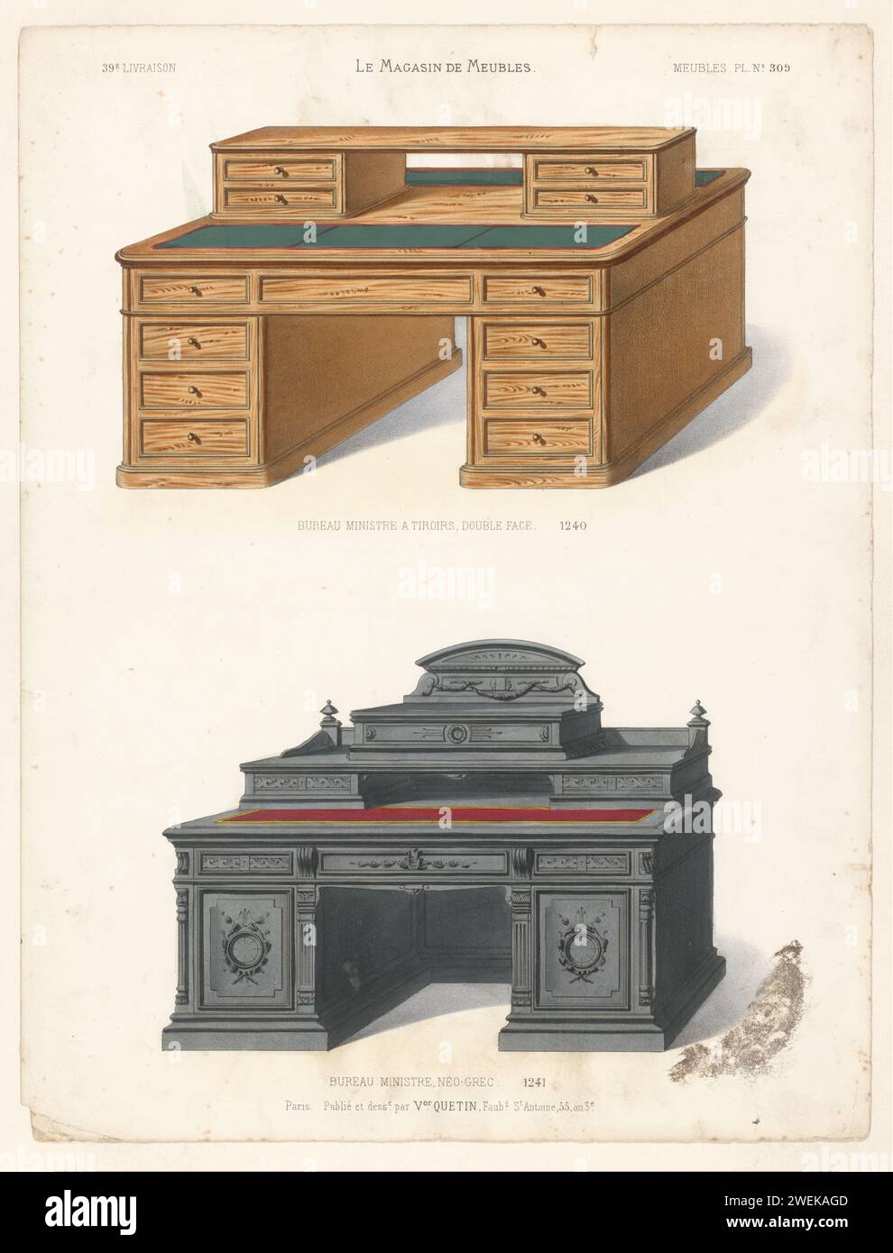 Bureaux de Twee grote, anonyme, d'après Victor Léon Michel Quétin, en ou avant 1878 - en ou après 1904 imprimer Bureau-Ministre avec deux jeux de tiroirs coulissants, double face (1240) / Desk-ministre de style néo-grec (1241). Impression de 39e livraison. bureau et bureau en papier Banque D'Images