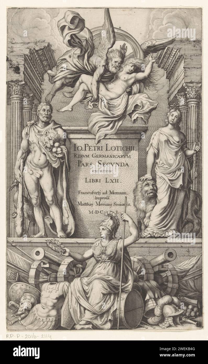 Représentation allégorique avec Hercule, Germanie et Minerve, Anonyme, 1650 impression à gauche d'un piédestal est Hercule avec feuille de lion, club, trois pommes d'or dans sa main et un oiseau (grue). De l'autre côté se trouve une figure féminine allégorique, probablement Germania, avec un lion et dans sa main une bague et un collier. Au-dessus du piédestal, un vieil homme avec une jeune femme vole dans ses bras. Au premier plan, Minerva est avec casque, bâton et couronne de Laurier sur un tambour pour les fusils et les armes. Gravure sur papier (histoire de) Hercules (Heracles). personnifications de pays, nations, états, districts, etc Banque D'Images