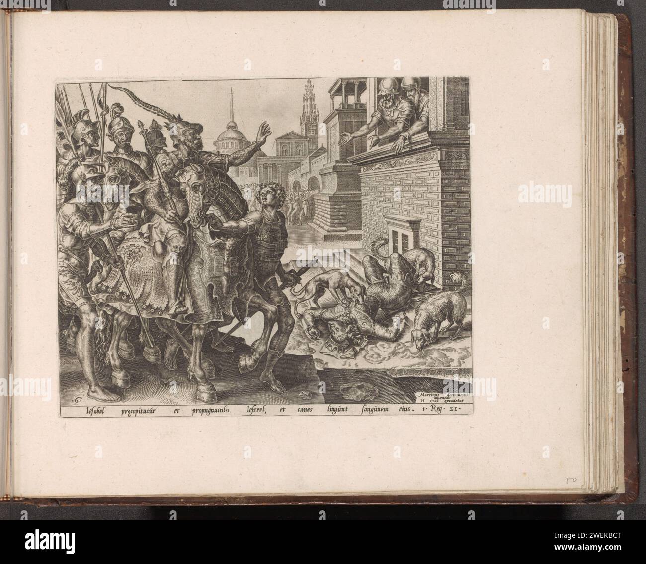 Le corps d'Izebel est mangé par les chiens, 1579 print après qu'elle a été jetée par la fenêtre et est morte, le corps d'Izebel est mangé par les chiens pour les portes de la ville. Jéhu, le nouveau roi d'Israël, regarde la scène avec ses soldats. Sous le spectacle une référence au texte de la Bible en 1 Kon. 21 en latin. L'impression fait partie d'un album. Les chiens graveurs de papier mangent le corps de Jezebel Banque D'Images