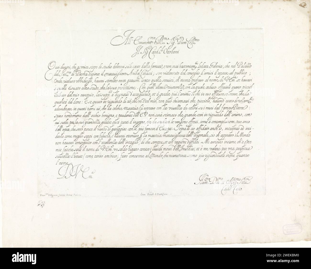 Mission à 'Galeria Nel Palazzo Farnese in Roma', Carlo Cesio, 1657 estampe. gravure de feuilles de texte Banque D'Images