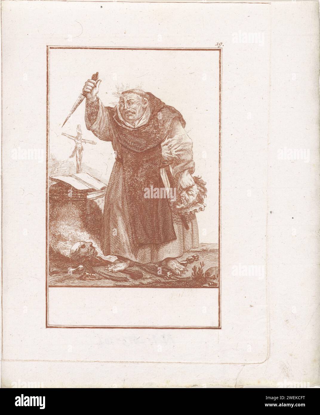 Monnik avec un poignard à la main, Jacob Gole (attribué à), d'après Cornelis Dusart, 1724 estampe moine debout, un poignard dans la main droite, une tête d'homme dans la main gauche. Des flammes sortent de sa tête. Ses pieds sont des griffes du diable. Sur le sol à côté de lui un crâne et des os. L'estampe fait partie d'une série de 50 parties sur le sujet des abus du clergé catholique. gravure de papier moine(s), frère(s). (Aspects de) la religion chrétienne ou l'Église (en tant qu'institution) ridiculisée, critiquée ou caricaturisée. meurtrier. tête d'une personne décapitée. diable en forme humaine Banque D'Images