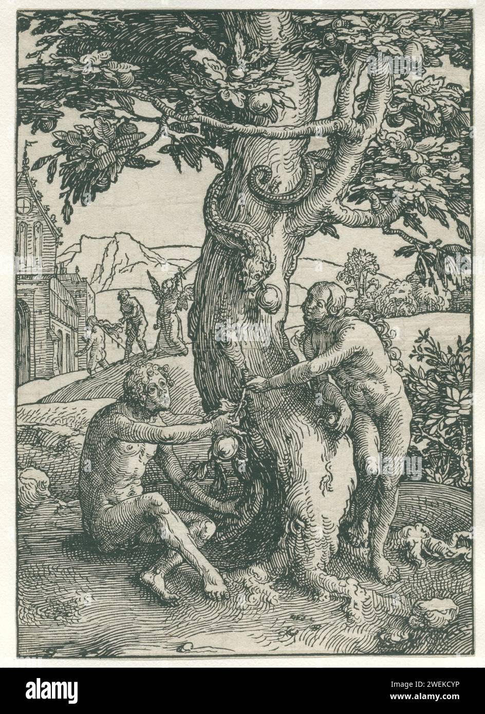 The Fall, Lucas van Leyden, 1515 - 1519 print Eva offre un fruit à Adam. En arrière-plan, l'expulsion d'Adam et Eva du paradis par un ange. Verso à gauche au-dessus d'un croquis à la plume de figure humaine (?). Tentation papier et chute (scènes avec Adam et Ève). Un ange chasse Adam et Ève hors du paradis avec une épée (enflammée) Banque D'Images