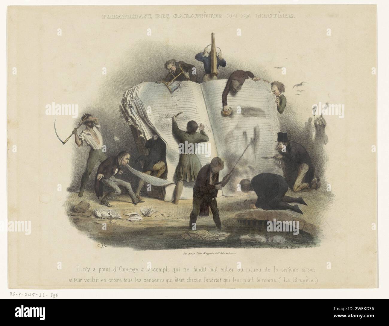 Persiflage on Censorship, 1814 - 1859 les censeurs d'impression essaient de se débarrasser d'un livre grandeur nature de passages indésirables de toutes sortes de façons. Sous l'imprimé une citation de Jean de la Bruyère. caricatures et satires politiques sur papier. censure. brûlage de livres. livre Banque D'Images