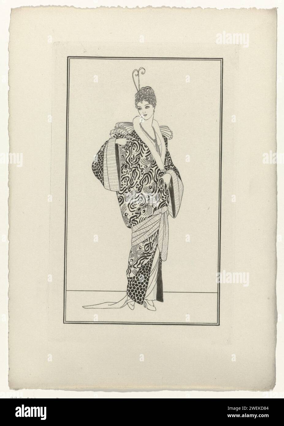 Journal des dames et de la mode, costumes parisiens, 1914, n° 139, 1914 manteau du soir en velours pressé décoré avec côté bruni avec argent (fil). Proef pression d'un tirage du magazine de mode Journal des Dames et des modes (1912-1914). Sur version avec texte la légende : Manteau du soir et Velor frappé Garni de soie Brochée d'argent. plaques de mode gravées en papier. Manteau (MANTEAU DE SOIRÉE) (+ vêtements pour femmes). collier (+ vêtements pour femmes). diadem, tiare (+ vêtements pour femmes) Banque D'Images