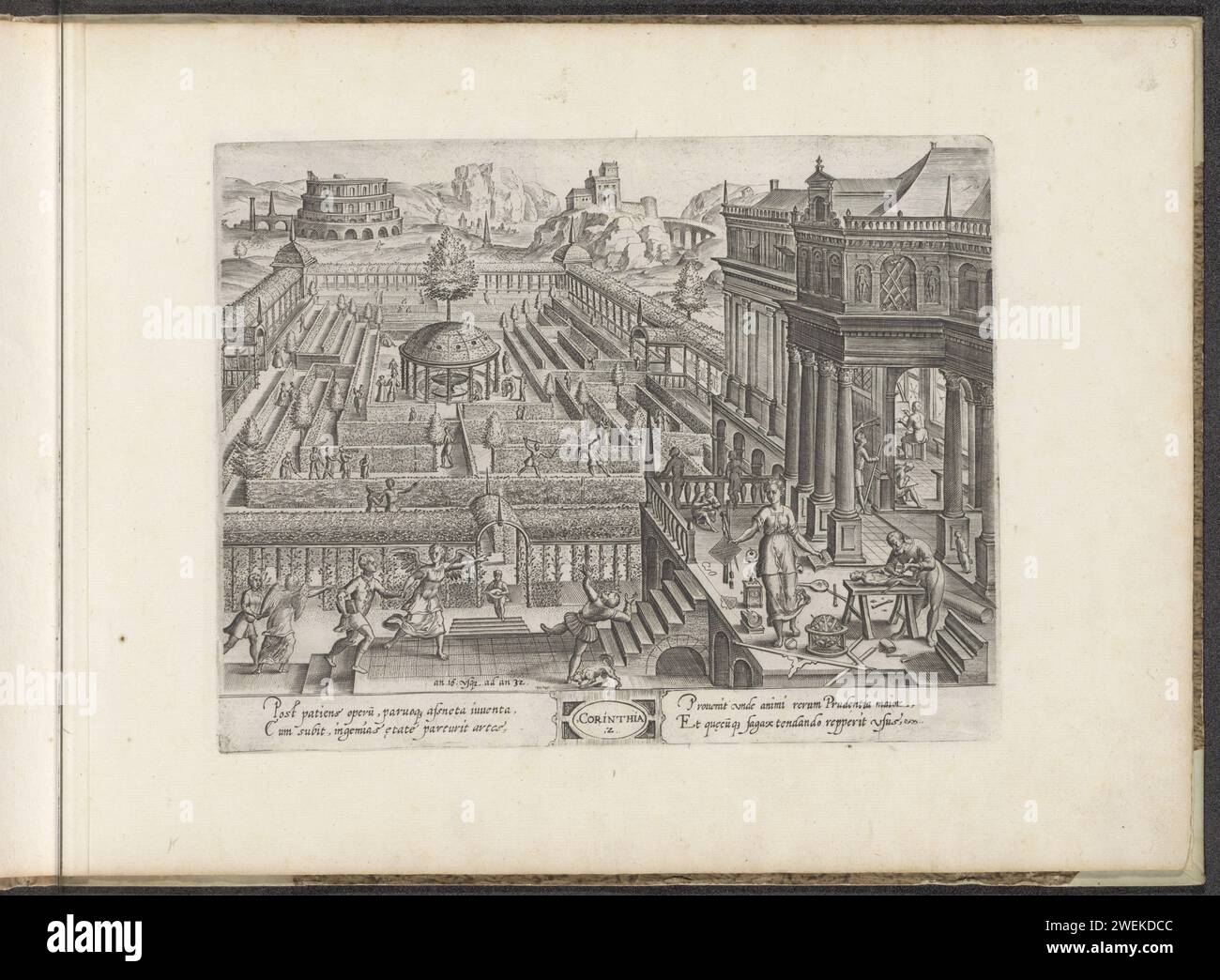 Âge de 16 à 32 ans ; l'ordre corinthien, 1598 - 1602 imprimer jardin intérieur clos avec un labyrinthe. Au milieu une tonnelle avec une fontaine. Les jeunes s’amusent dans le labyrinthe : ils jouent de la musique, marchent ou pratiquent le combat à l’épée. Au premier plan, Engelen conduit les jeunes hommes dans une maison où divers arts sont pratiqués, comme la sculpture et la peinture. La maison est construite dans l'ordre corinthien. Dans la marge un texte de quatre lignes en deux colonnes, en latin. L'impression fait partie d'un album. gravure sur papier jeune, adolescent. Ordre corinthien ~ architecture. labyrinthe, labyrinthe ~ jardin. peinture, dessin a. Banque D'Images