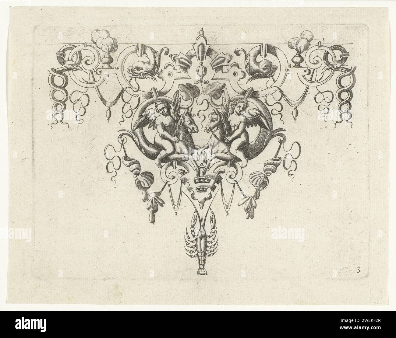 Ornement Rand avec deux putti sur hippocampes, 1618 tirages de la série de page de titre et 11 magazines. gravure sur papier Banque D'Images
