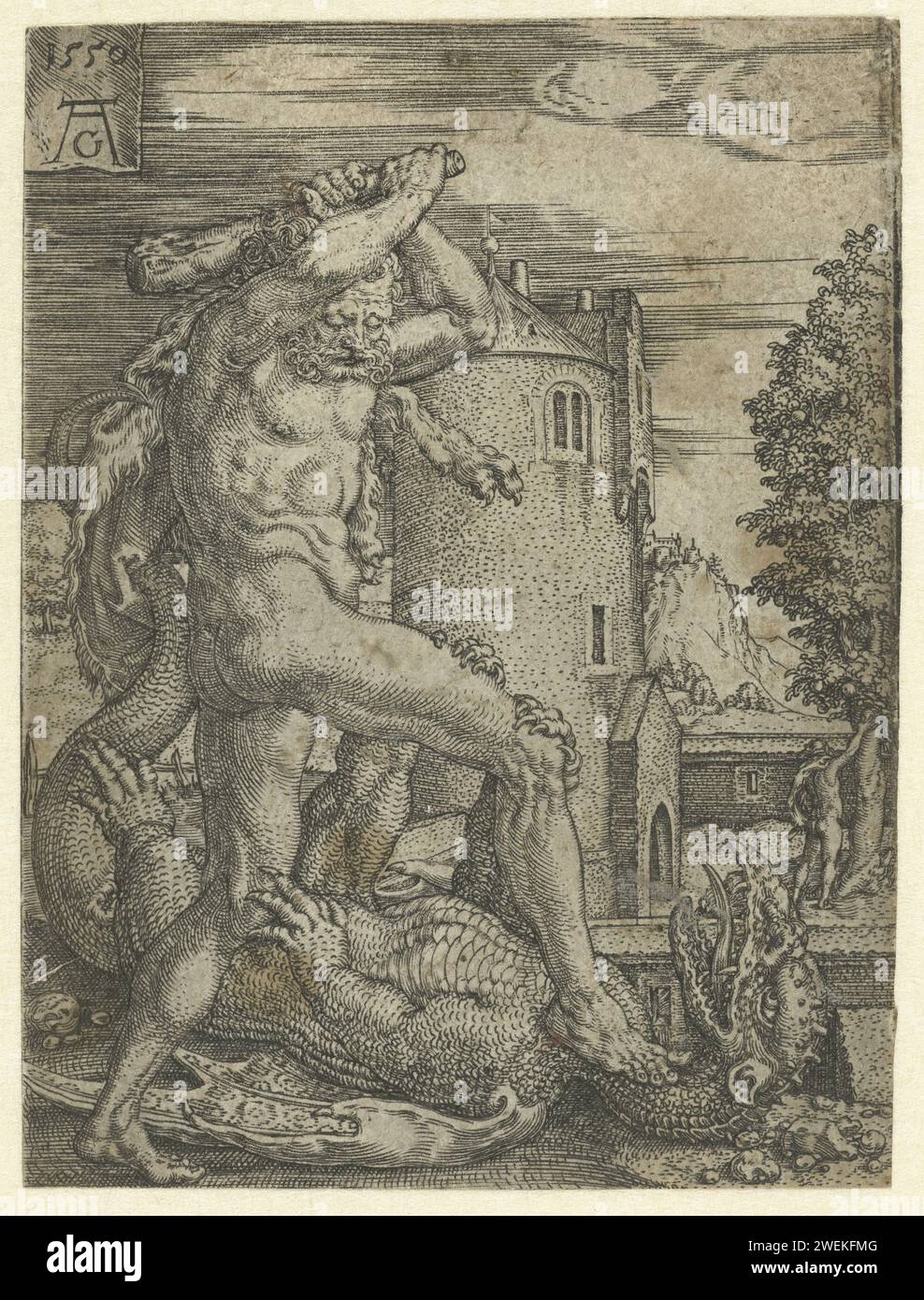 Hercule tue le dragon Ladon, Heinrich Aldegrever, après Anonymous, 1550 impression dans le jardin des Hespérides, Hercule tue le dragon Ladon qui gardait les pommes, avec des bâtons levés et avec un pied debout sur le cou de l'animal. Hercule cueille les pommes de l'arbre en arrière-plan. Huitième tirage d'une série de treize avec les œuvres d'Hercule. La gravure sur papier Hercule tue Ladon, le dragon qui gardait l'arbre des Hespérides Banque D'Images