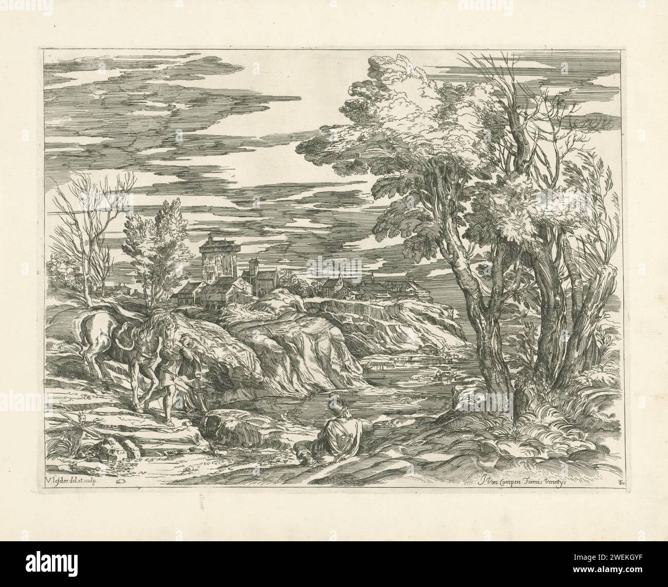 Paysage fluvial avec un cheval en tête, Valentin Lefèbvre, d'après le Titien, 1682 imprimer Paysage fluvial dans lequel un jeune homme porte un cheval un cheval. Au milieu il y a un homme sur le rivage, les maisons sont au loin. L'estampe fait partie d'une série de 53 estampes de peintures de Titien et Véronèse. papier gravure de paysages avec des eaux, des paysages aquatiques, des paysages marins (dans la zone tempérée). conduire un cheval par les rênes ; cavalier à côté de son cheval Banque D'Images