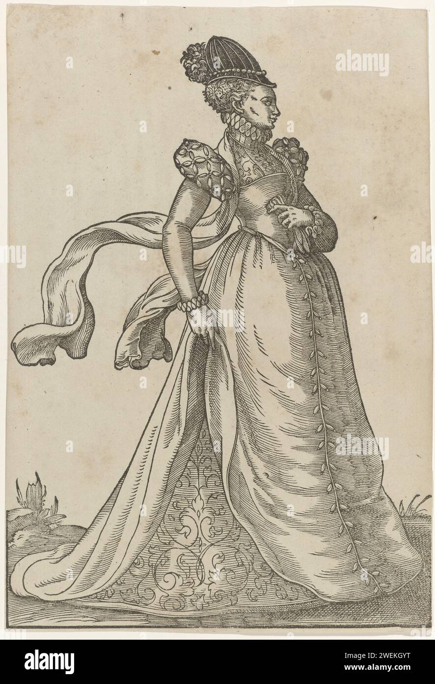 Nobilis Vierge française, 1577 impression No.xcvi : dame française à droite, en robe vers 1577. Sous l'impression, le numéro XCVI fait partie de l'impression. Et un texte allemand de quatre lignes qui dit que c'est le vêtement d'une noble dame française. robe en papier, robe (+ vêtements pour femmes). Vêtements pour la partie supérieure du corps (avec NOM) (+ vêtements pour femmes). jupe (+ vêtements pour femmes). Jupe (SOUS-JUPE) (+ vêtements pour femmes). casque : chapeau (+ vêtements pour femmes). ceinture, ceinture, ceinture (+ vêtements pour femmes) Banque D'Images