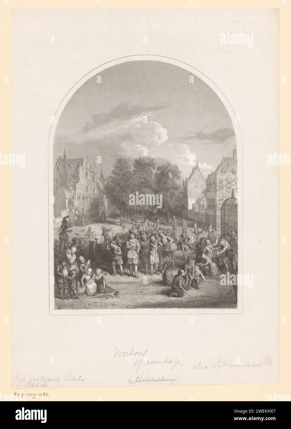 Jeu d'enfant sur Voorhout, Anonyme, d'après Hendrik Jansz. Verstraelen, d'après Experiencers Sillemans, d'après Adriaen Pietersz van de Venne, 1725 - 1850 print sur fond du Voorhout à la Haye, les enfants jouent à l'aveugle, au lièvre, au père et à la mère, à la corde à sauter, au cerf-volant et au set. Au milieu, un grand groupe d'enfants imite une procession de soldats en marche. gravure sur papier acier jouant le tout-petit ; enfant s'amusant. teasing (jeux et jeux pour enfants). jeux et jeux pour enfants. street Frontwood Banque D'Images