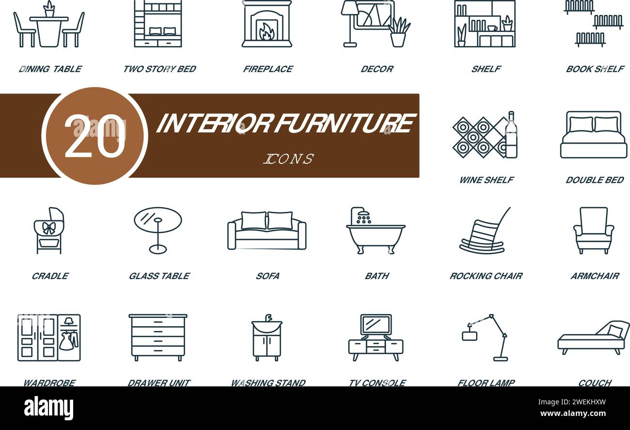 Ensemble d'icônes de contour de mobilier intérieur. Icônes créatives : table à manger, lit à deux étages, cheminée, décor, étagère, étagère à livres, étagère à vin et plus encore Illustration de Vecteur