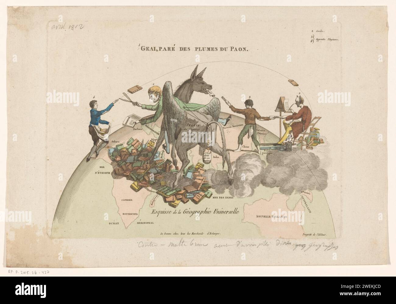 Spotparts sur le GIPOGIgraph universel Van ConndH Malthe-Brun, 1812 demi globe imprimé avec une pile de livres, éclipsé par un cheval ailé : Pegasus des plagiateurs. Sur son dos se trouve un plagiateur avec des ciseaux et un livre à la main, il est appelé «oiseau avec les plumes empruntées». Sur le globe, il y a aussi un écrivain avec des oreilles d'âne derrière un bureau et deux plagiateurs en formation. papier gravure de la terre, monde comme corps céleste. Pegasus, le cheval ailé. auteur, poète écriture. livre Banque D'Images