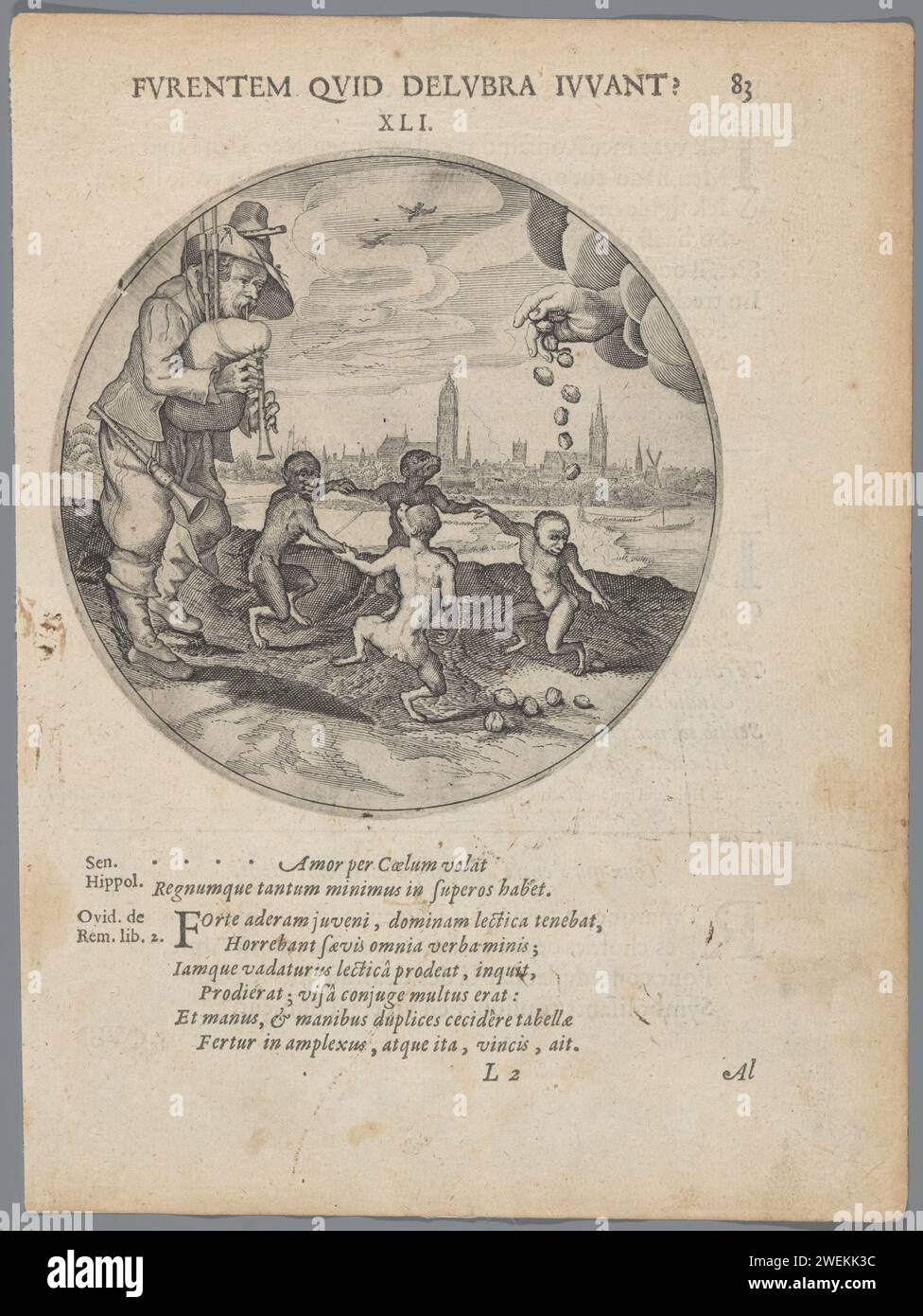 Un bagpiper jouant pour quatre singes dansants, Anonyme, d'après Adriaen Pietersz van de Venne, 1617 print joueur de sac de ventre avec quatre singes dansants. Une main venant des nuages saupoudrait de noix. Emblème en Jacob Cats, Silenus Alcibiadis Sive Proteus. Nummered XLI et p. 83. Cornemuse de gravure sur papier / impression typographique, musette - CC - hors portes. gagner de l'argent avec singe. singes, singes Banque D'Images