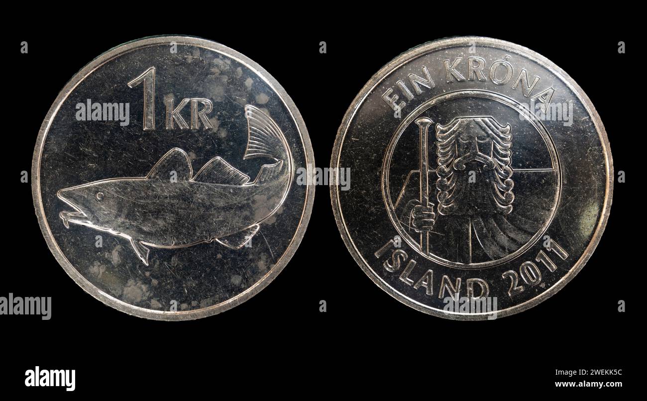 Gros plan de 1 couronnes islandaises sur fond noir Banque D'Images