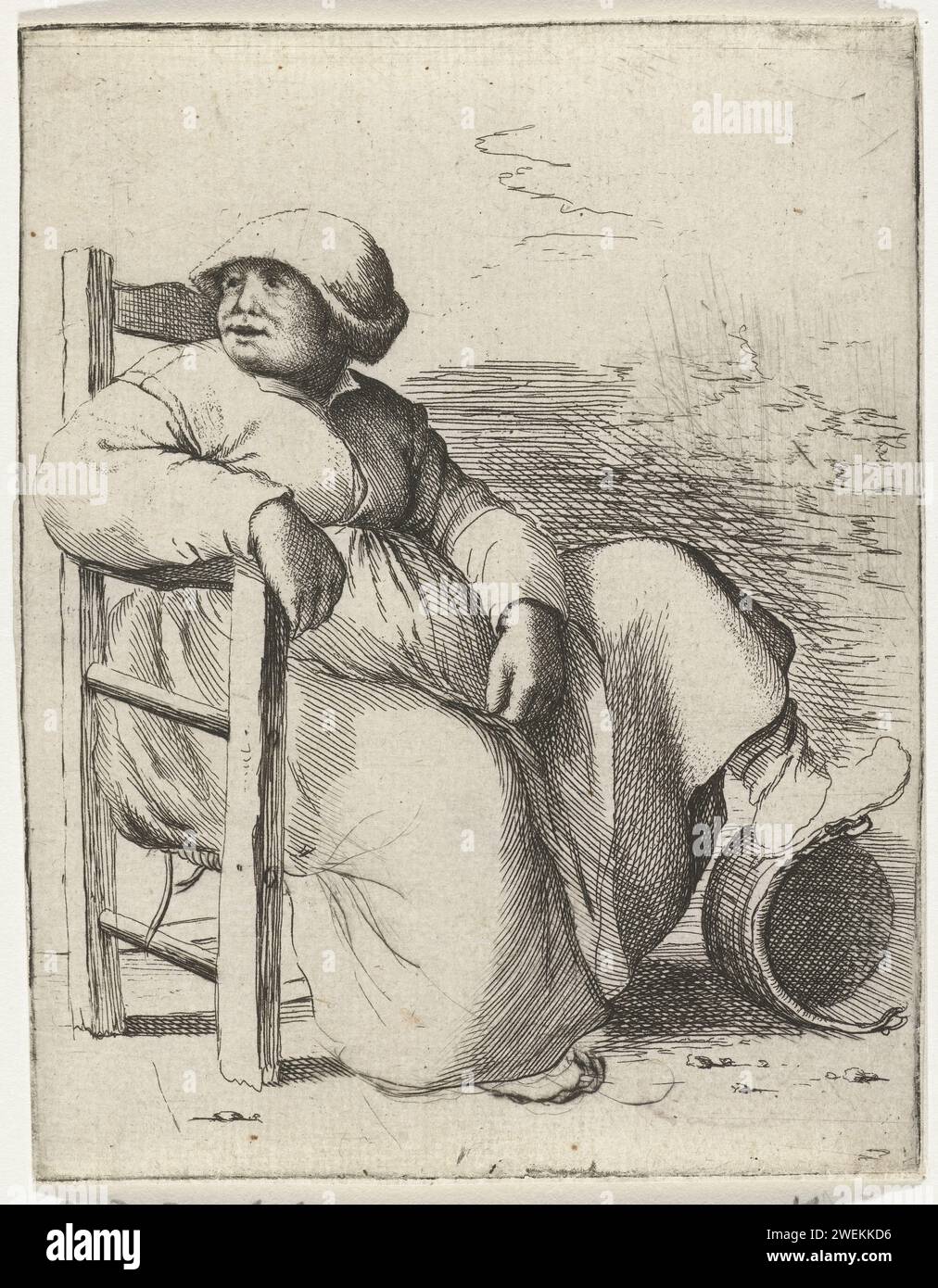 Une femme est assise sur une chaise, Willem Basse, d'après Adriaen Brouwer, 1633 - 1672 print Une femme est assise sur une chaise. D'un pied, elle s'appuie sur un bassin tombé. gravure du papier morphologie de l'expression humaine (+ assis) Banque D'Images