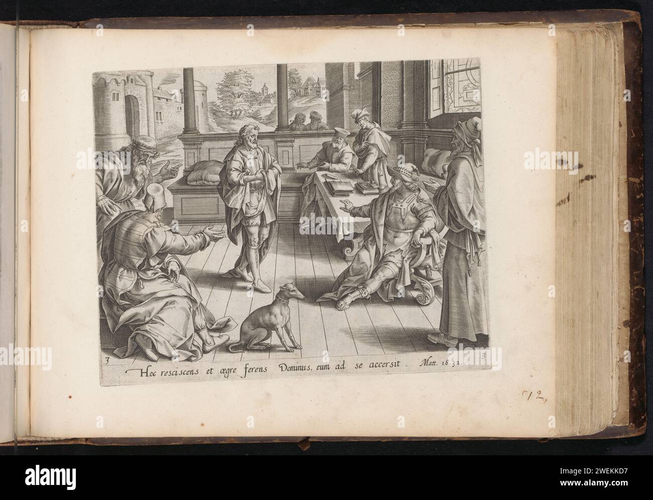 Serviteur sans esprit présenté au roi, anonyme, 1646 imprimer le serviteur impitoyable se tient dans une ouverture devant le trône du roi et doit rendre compte de son comportement. Ses dettes ont été abandonnées par le roi, mais il avait alors mis un autre serviteur en prison, parce qu'il était à son tour un peu coupable. Le roi est en colère parce que le serviteur ne montre pas comme il a montré pitié. Sur les livres de table et un jeu d'encre. Au premier plan un chien. Sous le spectacle une référence en latin au texte de la Bible en mat. 18:32. Ce tirage fait partie d'un album. sur papier gravé le roi reproche à son serviteur de son impitoyable Banque D'Images