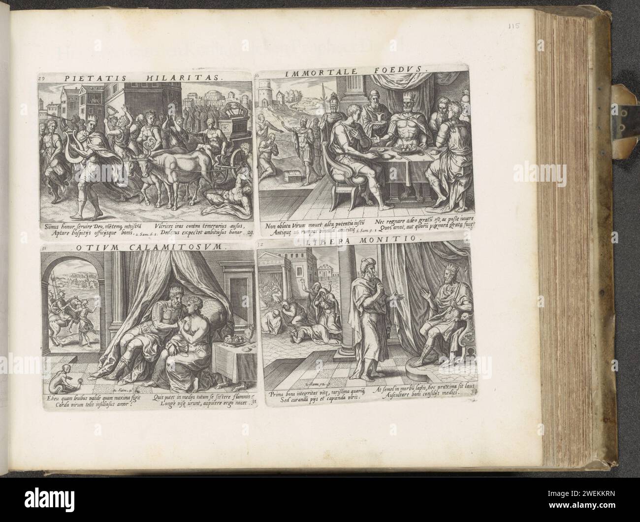 Ark des covenant transféré à Jérusalem / David et le fils de Jonatan / David et Batseba / Natan réprimandé David en raison de son adultère, 1653 - 1654 imprimer quatre représentations sur un magazine d'albums sur la vie de David, numérotés de 29 à 32. En haut à gauche, le roi David joue de sa harpe. Derrière lui, une voiture tirée à travers deux taureaux amène dans l'Arche de l'Alliance Jérusalem. L'homme sur le terrain est possible Uzza. Il a été tué par Dieu le Père parce qu'il a tendu sa main à l'Arche. Sur le spectacle en haut à droite, Mefiboset, le fils de Jonatan, est à David à la table. En bas à gauche Banque D'Images