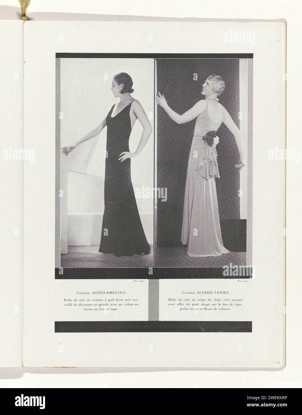 Art - goût - Beauté, feuilles d'élégance féminine, novembre 1931, n° 135, 12e année, p. 27, Isabey, 1931 magazine à gauche : robe de soirée en velours noir, de chez Agnès-Decoll. A droite : Robe de soirée en vert mousse 'crêpe de Chine' avec un câble et des fleurs de velours à l'arrière de la jupe, de la part d'Alfred Benief. Page du magazine de mode Art-Goût-Beauté (1920-1933). assiettes de mode en papier. robe, robe : robe de soirée (+ vêtements pour femmes). fleurs (+ variante) Banque D'Images