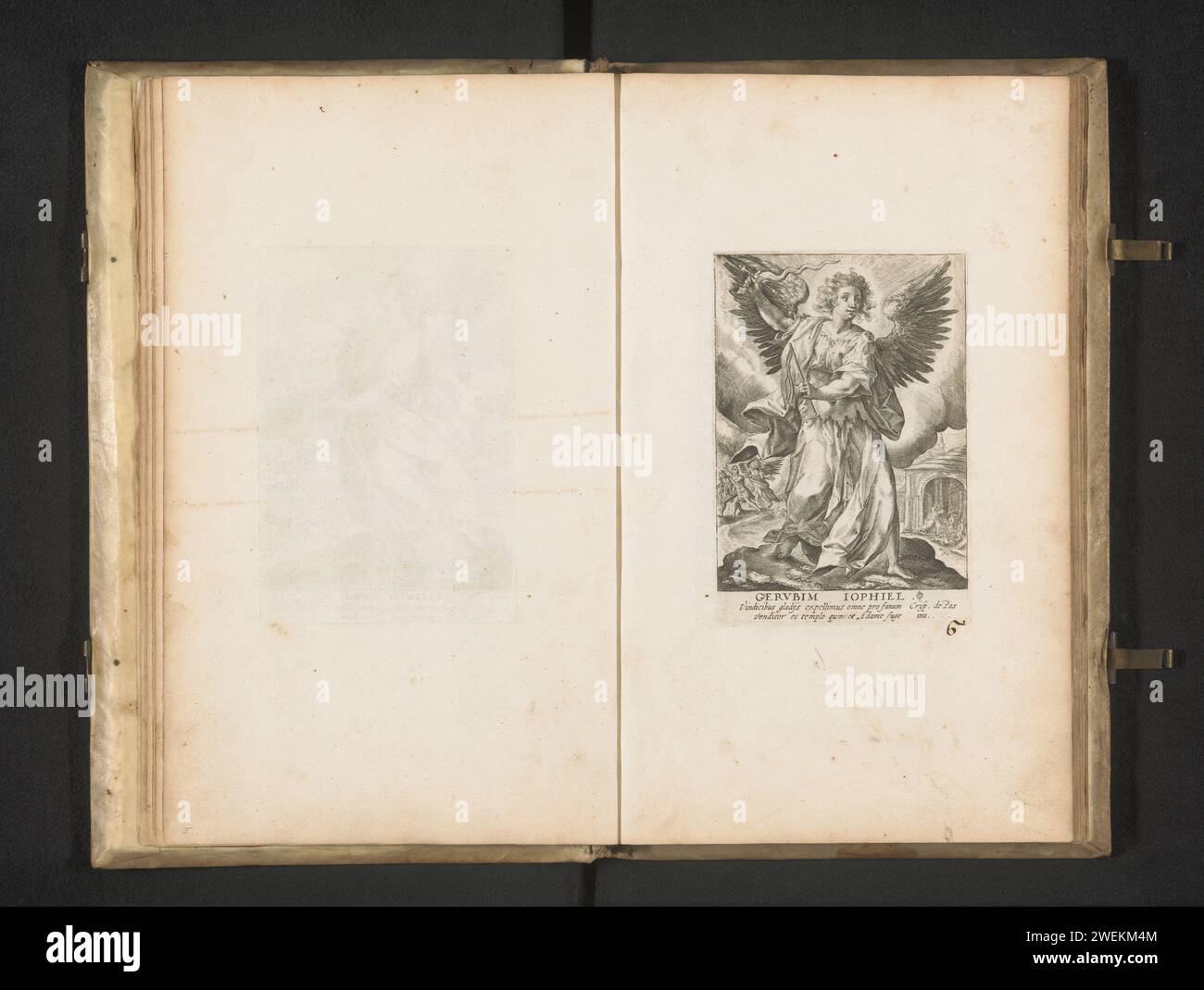 Archange Jophiël, Crispijn van de passe (I), 1670 - 1726 print Archange Jophiël avec épée arquée et flamboyante. Jophiël conduit Adam et Eva hors du paradis sur la gauche en arrière-plan. À droite en arrière-plan, Christ chasse les changeurs d'argent du temple. Dans cet album fait partie d'une série de douze représentations d'Aartsengelen et d'autres anges. Partie d'un album avec des performances principalement chrétiennes. Gravure sur papier d'autres archanges que Michael, Gabriel et Raphaël (avec NOM). Un ange chasse Adam et Ève hors du paradis avec une épée (enflammée). purification du temple ('première' Banque D'Images