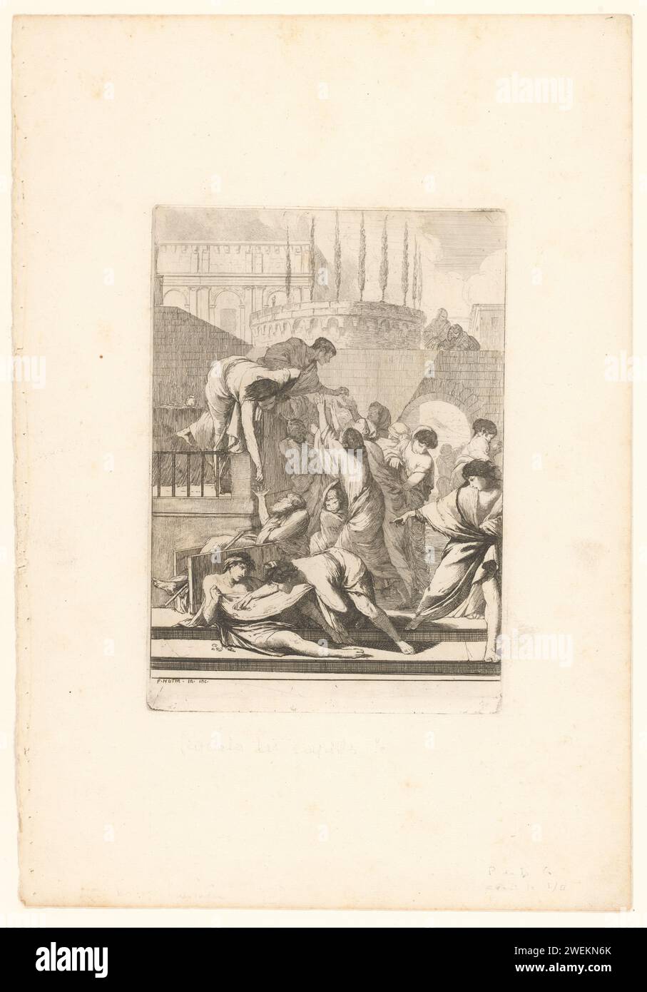 La maison des étrangers, François Hutin, c. 1730 - c. 1750 imprimer partie d'une série de sept œuvres de miséricorde avec des performances dans un cadre antique. Gravure de papier abritant des étrangers, 'hospes colligitur'  l'un des (sept) actes de Miséricorde Banque D'Images