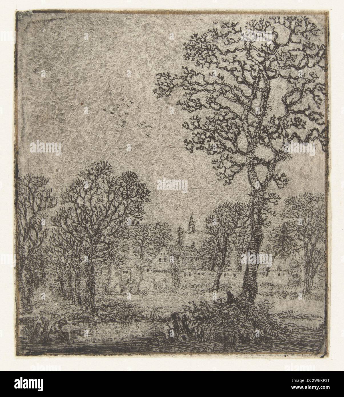 Paysage d'hiver avec vue sur un village, Jan van Brosterhuyzen, 1610 - 1650 impression papier gravure perspective de village, silhouette de village Banque D'Images