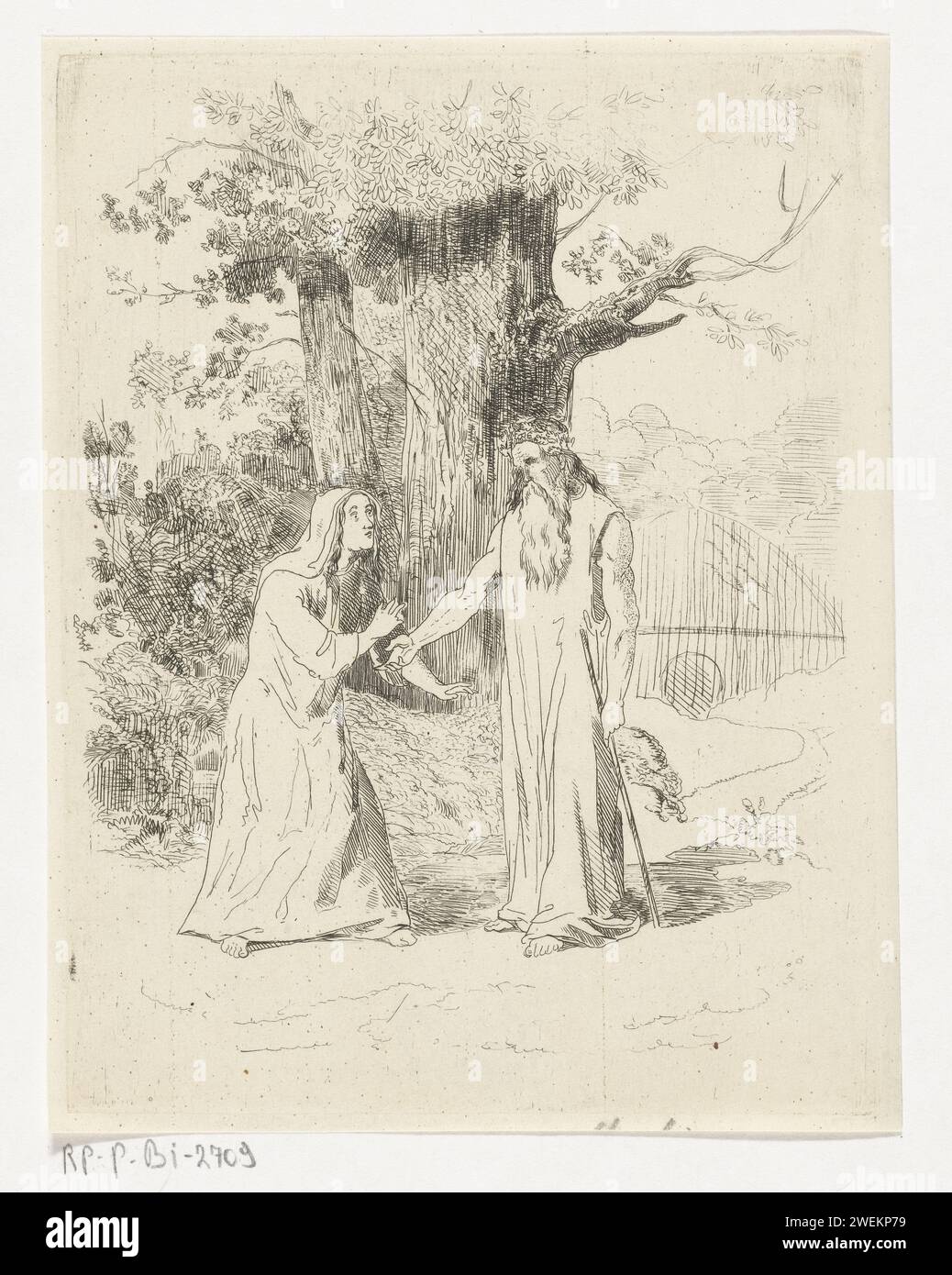 Hudlath de Wichelaar prédit une catastrophe, Karel Frederik Bombled, 1852 - 1902 impression sur le bord du village est Hudlath de Wichelaar, un vieux druide avec une couronne de feuilles de chêne et un bâton de chêne. Finkoma, la mère d'Olwene lui fait face et entend sa prédiction. Illustration dans le troisième chant de la louange épique Aeddon papier gravure frange, bord du bois. Peuples éteints, 'historiques' : Gaulois (+ hommes). druide (fonctionnaire religieux celtique). Contes et contes de fées (AEDDON) Banque D'Images