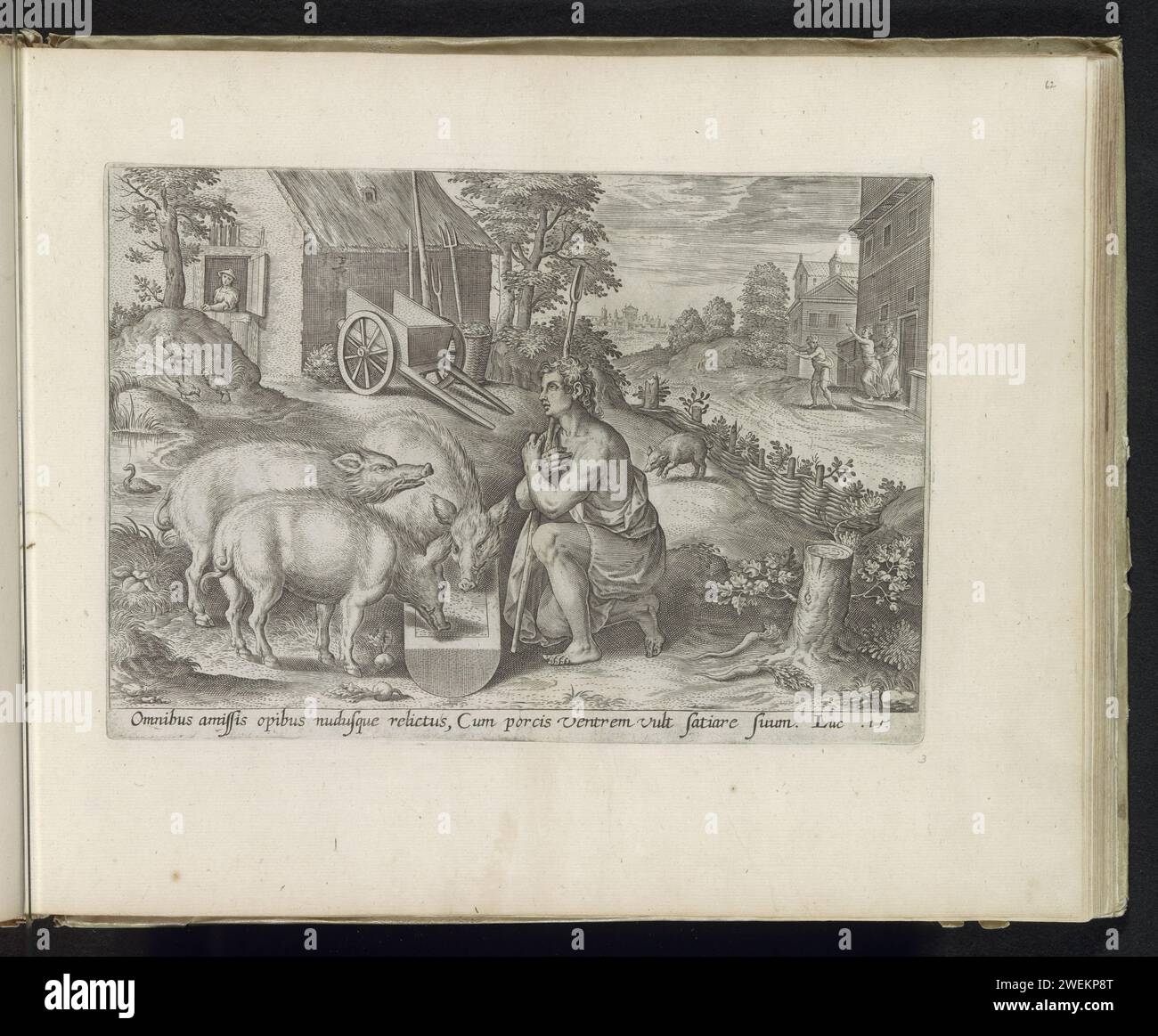 The Lost fils as Pig Hearer, 1585 imprimer le fils perdu a gaspillé son héritage et travaille avec un fermier comme un troupeau de porcs. Il s'agenouille avec les cochons et mange avec eux de la mangeoire. À droite en arrière-plan, le fils perdu est chassé du bordel parce que son argent est épuisé. Sous le spectacle une référence en latin au texte de la Bible en Luc. 15. Ce tirage fait partie d'un album. papier gravé le fils prodigue s'occupe des porcs et mange de leur auge. quand tout son argent est gaspillé, le fils prodigue est chassé par les harlots Banque D'Images