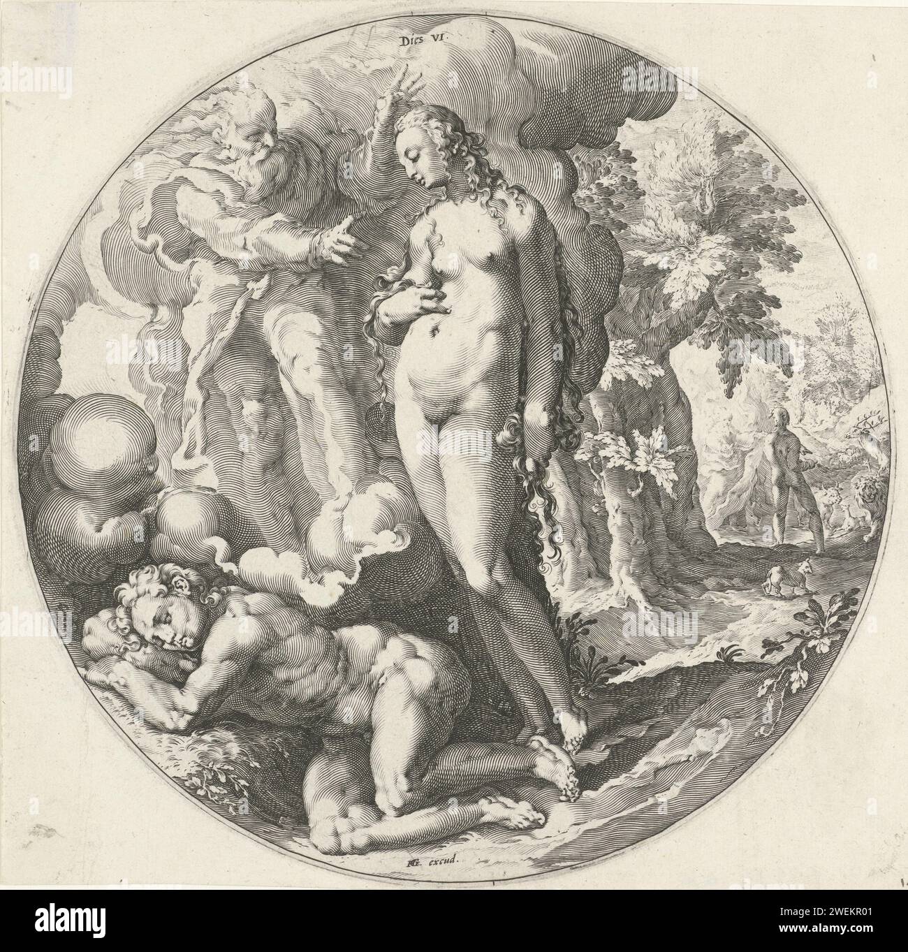 Sixième jour : création de l'homme, Jan Harmensz. Muller, d'après Hendrick Goltzius, 1589 imprimer le sixième jour de la création : Dieu crée Eva, alors qu'Adam dort sur le sol. En arrière-plan Dieu le Père et Adam. Adam pointe les animaux. Au texte de la Bible dans Genèse 1 : 26-31. Gravure sur papier création de l'homme ; le jardin d'Eden (Genèse 1:26 - 2) Banque D'Images