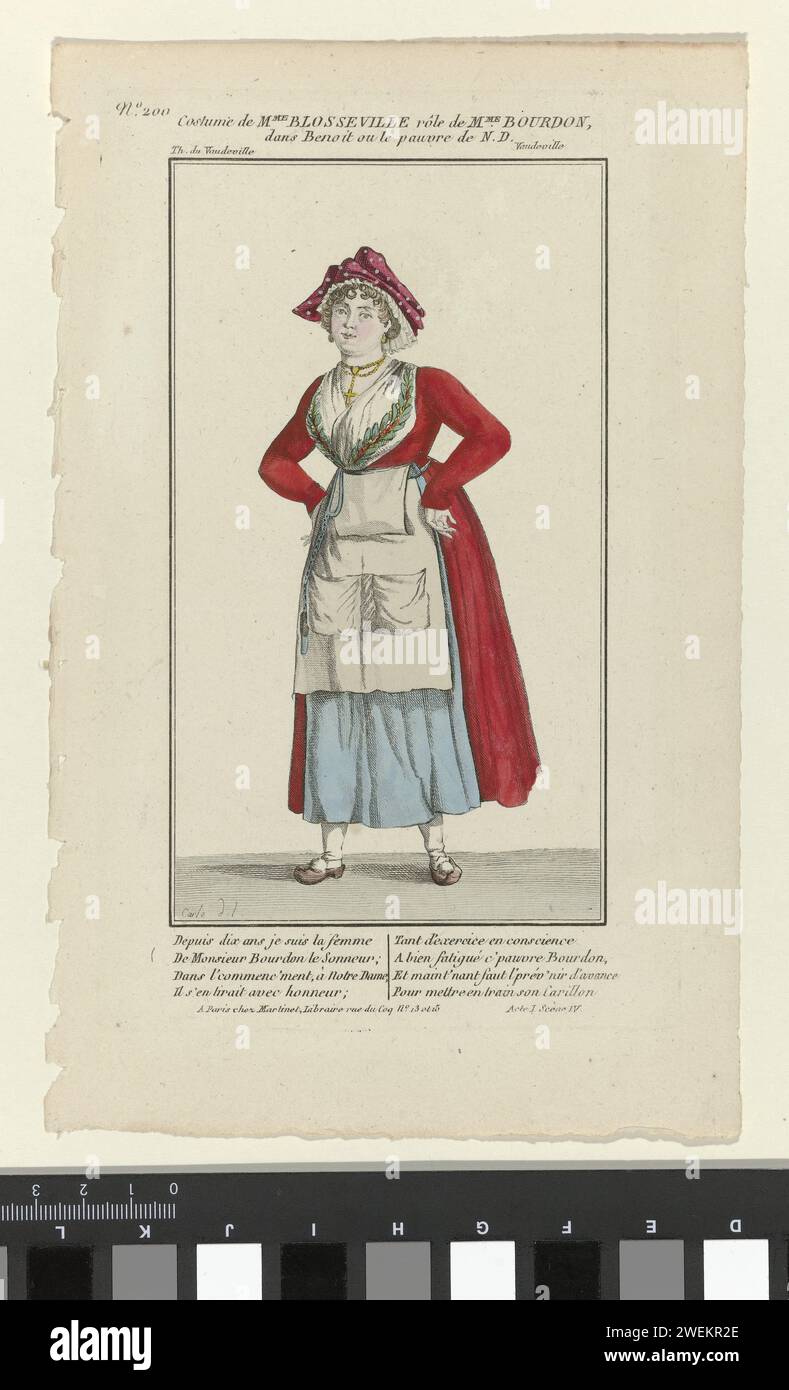 Petite galerie dramatique, ça. 1809 - 1843, n° 200 : Costume de Mme Blossevill (...), c. 1809 - 1834 Costume de l'actrice Blossseville dans le rôle de Mme Bourdon de la comédie Benoit ou pauvre de notre Dame, mise en scène au Théâtre du Vaudeville à Paris. La pièce se compose de deux actes, écrits par Marie-Joseph pain (1773-1830), publiés vers 1809. Avec deux fois quatre lignes du premier acte, scène quatre. Tirage tiré du magazine petite Galerie dramatique ou Recueil de différents costumes d'acteurs des Théâtres de la capitale (1796-1843). plaques de mode gravées en papier. tête-équipement (+ wom Banque D'Images