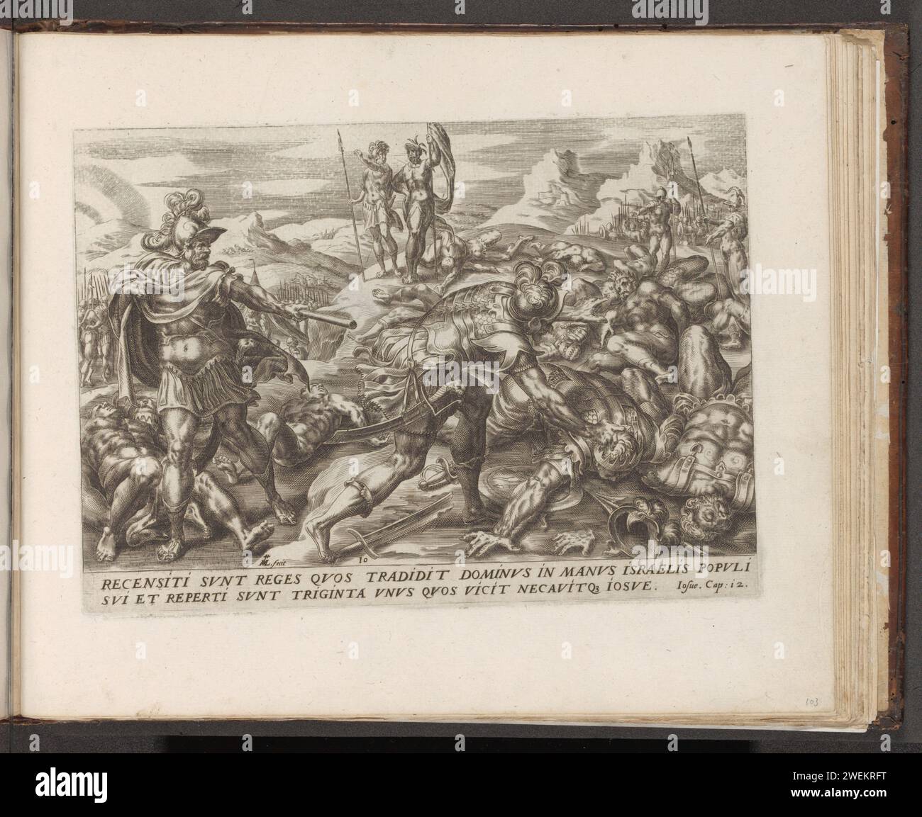 Trente et un rois vaincus par Josué, 1579 imprimer Joshua est à gauche dans un paysage et pointe vers les 31 rois sur le sol, qu'il a vaincu. Sous la performance une référence en latin au texte de la Bible en JZ. 12. L'impression fait partie d'un album. Papier gravant le territoire des trente et un rois est conquis par Josué et son armée (Josué 12:7-24) Banque D'Images