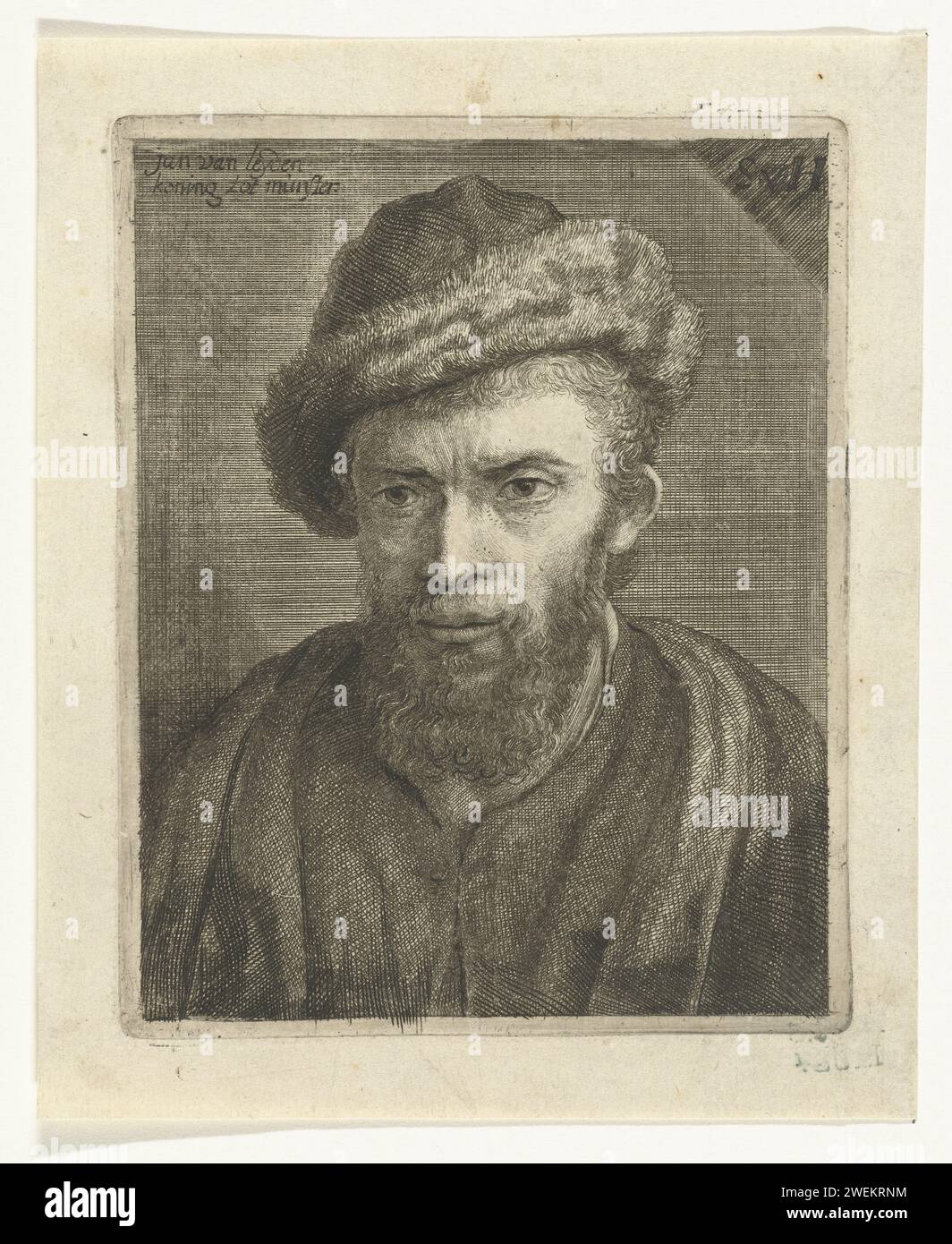 Tête d'un homme avec un chapeau de fourrure, Samuel van Hoogstraten, d'après Rembrandt van Rijn, 1648 - 1678 buste imprimé d'un homme avec barbe et chapeau de fourrure. Le titre suggère que Jan van Leyden, roi de Münster, doit présenter. Gravure de papier / gravure tête-engrenage (avec NOM) Münster Banque D'Images