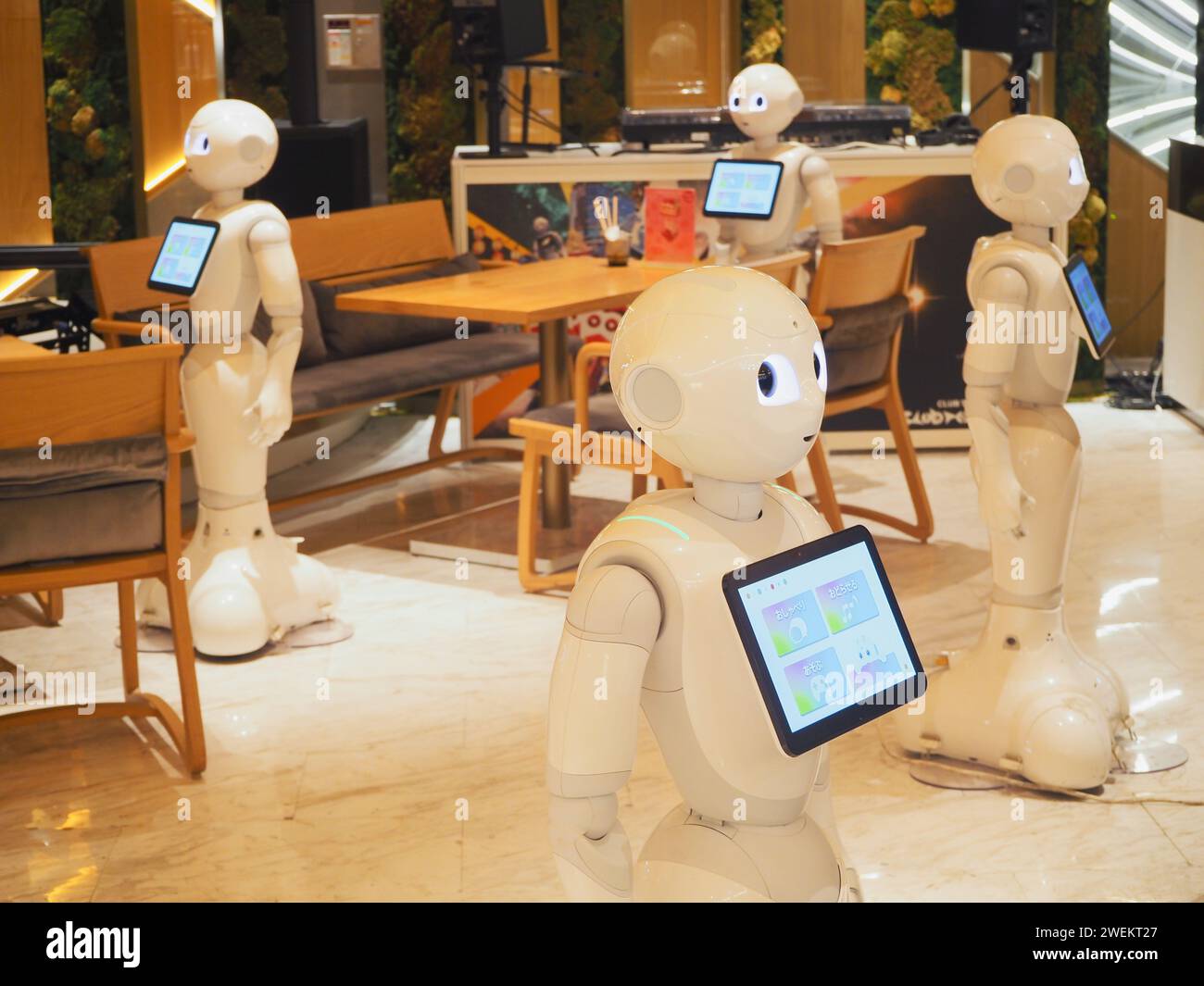 TOKYO, JAPON - 26 janvier 2024 : Pepper robots dans Pepper Parlor, un restaurant avec différents robots et humains. Banque D'Images