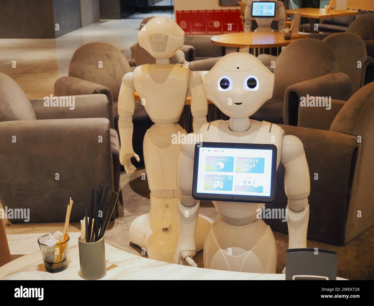 TOKYO, JAPON - 26 janvier 2024 : Pepper robots dans Pepper Parlor, un restaurant avec différents robots et humains. Banque D'Images