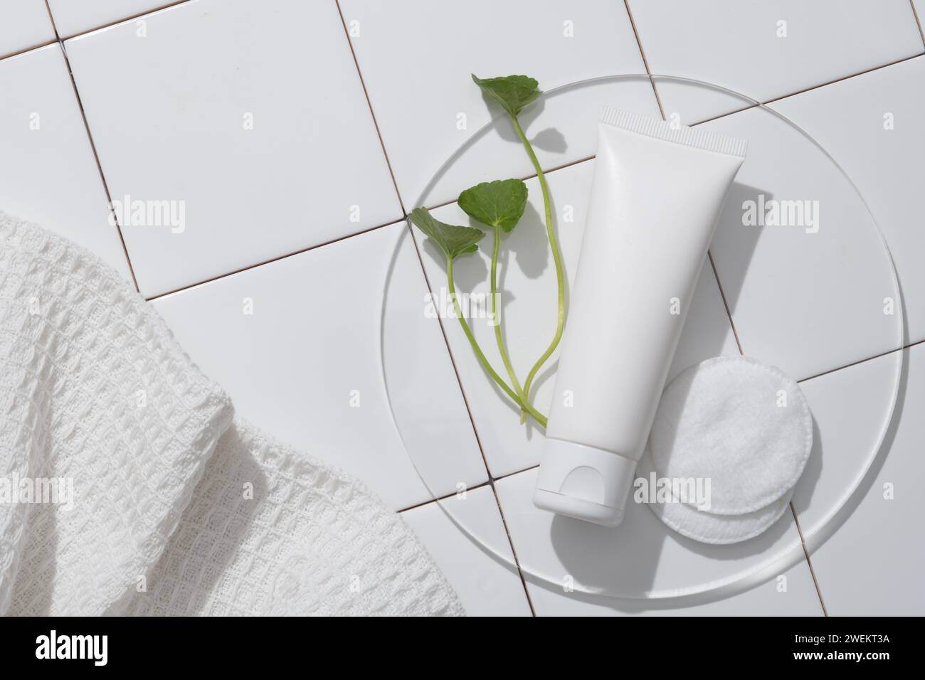 Maquette d'un produit cosmétique - nettoyant pour le visage avec un tube en plastique blanc non étiqueté, des feuilles de gotu kola sur un podium clair et un tampon de coton contre un dos Banque D'Images